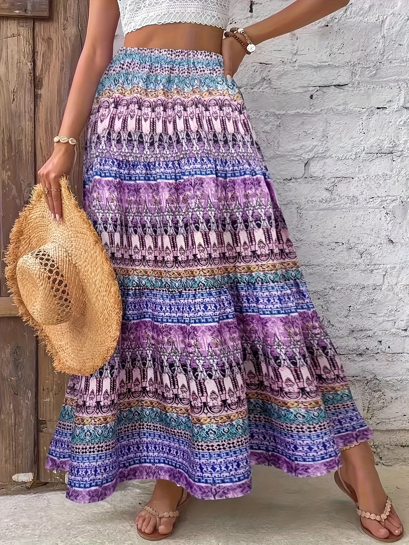 Women's Bohemian Tropical Print High-Waisted Maxi Skirt - Tiered Ruffled Hem Beach Skirt with Digital Geometric Patterns, Machine Washable Non-Stretch Fabric for Summer Casual & Beachwear, Beach Dresses, Summer Fashion, Nontransparent Fabric