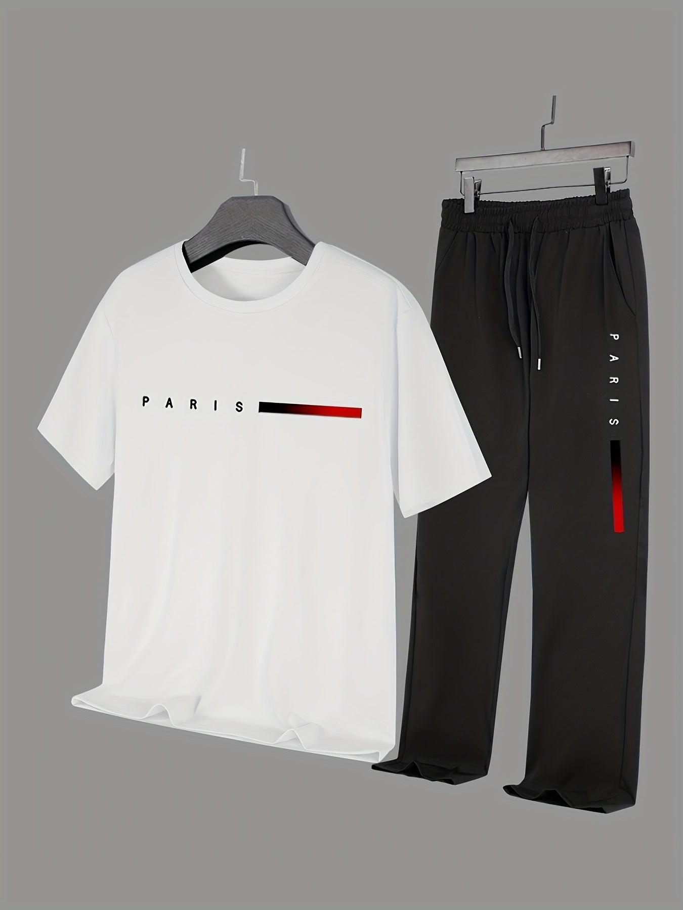 Men'S Casual Sports Two-Piece Set Short Sleeve Top Straight Leg Pants with Paris Print, Fashionable And Trendy, Ideal for Summer, Parties, Casual Outings, And Everyday Wear, Everyday Wear|Short Sleeve Top|Print Trousers