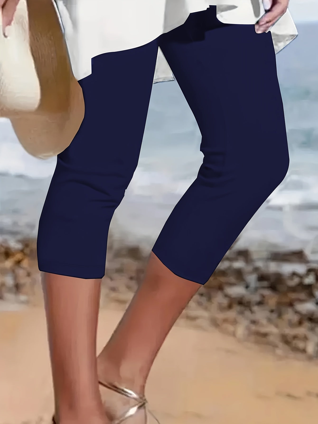 Plus Size Solid Skinny Capris Leggings, Casual Crop Leggings For Spring & Summer, Women's Plus Size Clothing