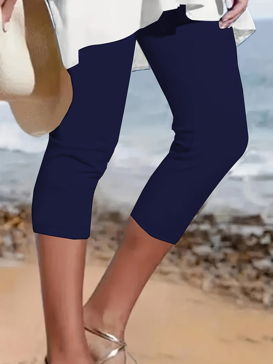 Plus Size Solid Skinny Capris Leggings, Casual Crop Leggings For Spring & Summer, Women's Plus Size Clothing