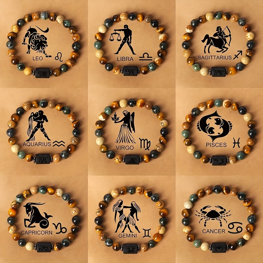 1pc Zodiac Astrology Natural Stone Beaded Bracelet, Fashionable 12 Constellation Designs, Personalized Zodiac Sign Jewelry, Ideal Birthday or Valentine'S Day Gift, 19.0cm