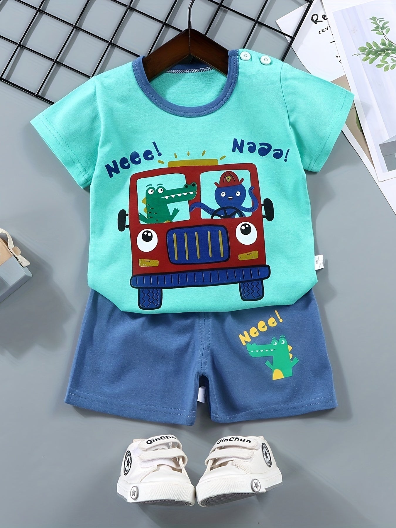 Boys Cartoon Off-road Truck "Ride Like The Wind" Casual Outfit Round Neck T-shirt & Shorts For Summer Boys Clothes
