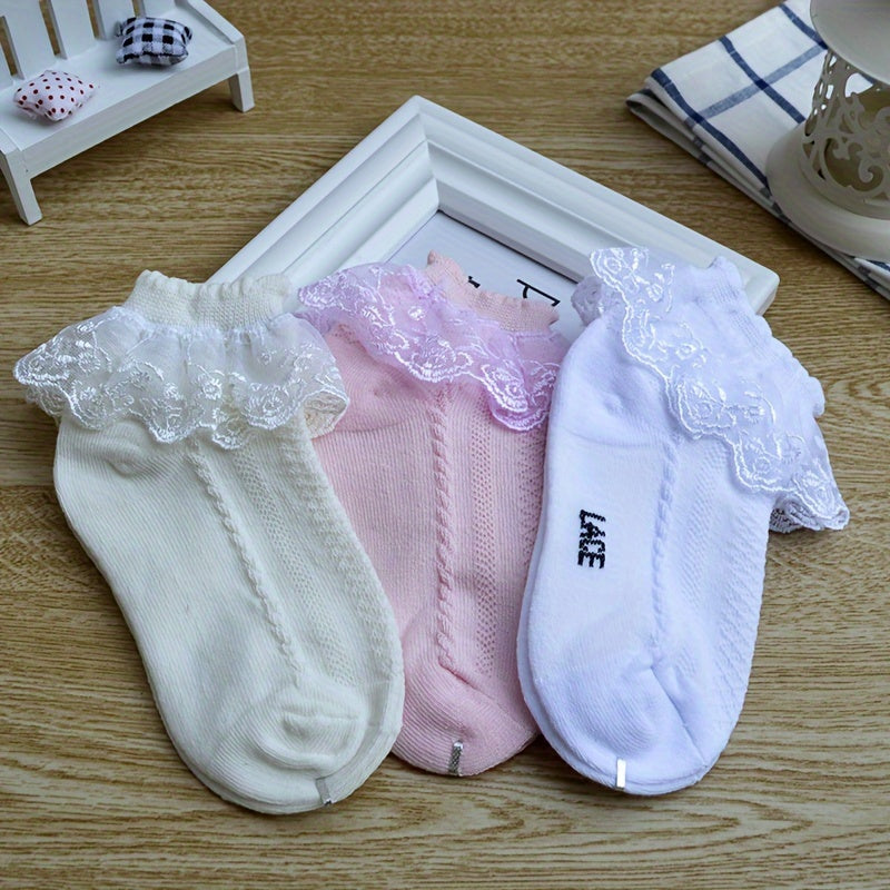 4 Pairs Of Girl's Lace Ruffle Frilly Trim Crew Socks, Breathable Comfy Dance Princess Socks