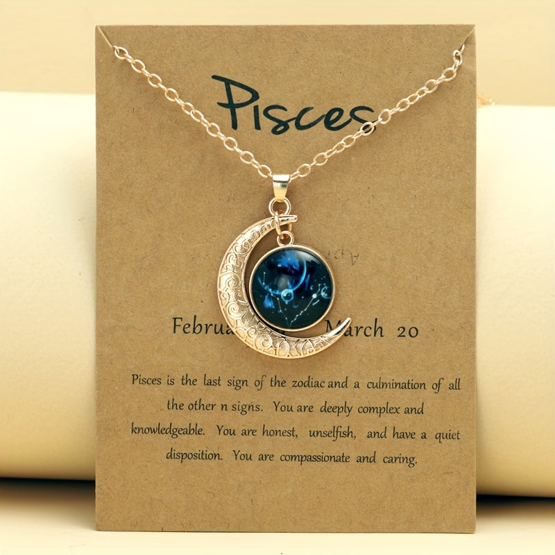 1pc Retro Glow-in-the-Dark Zodiac Moon Pendant Necklace - Vintage Style, Zinc Alloy with Glass Accents, Adjustable Chain for Women - Ideal for Daily Wear & Gifting, Zodiac Jewelry, Gift Jewelry, Vintage Jewelry, Durable Jewelry