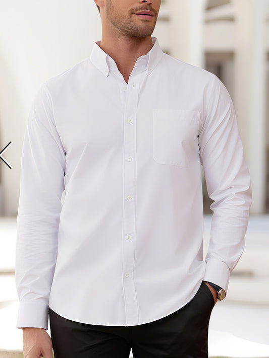 Men'S Slim Fit Stretch Long Sleeve Shirt - Solid Color Button-Up Casual Shirt with Classic Collar, All-Season Comfort & Breathable Fabric for Casual Attire, Versatile Clothing, Sleek Design, Smooth Texture, Stylish Blouse, Active Lifestyle, Formal Wear, M