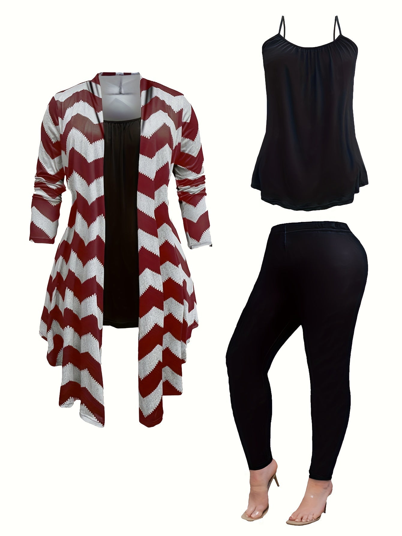 Plus Size Casual Outfits Set, Women's Plus Wave Trim Long Sleeve Shawl Collar Coat & Cami Top & Leggings Outfits Three Piece Set