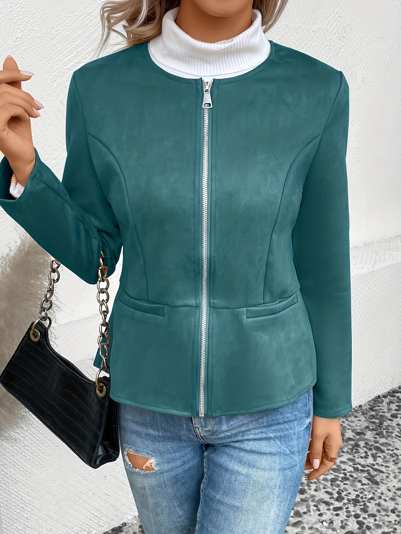 Women'S Stylish Round Neck Fitted Long Sleeve Cardigan with a Short Zip-Up Jacket.