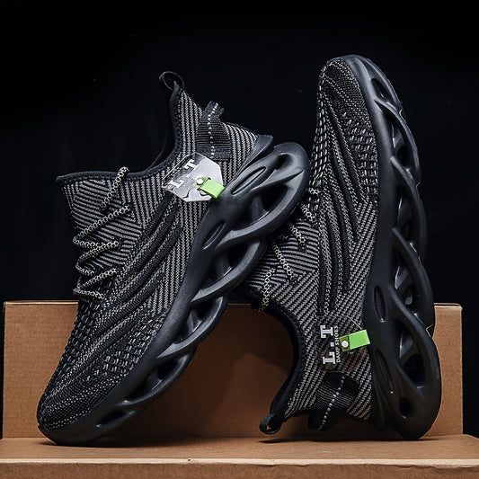 Men's Knit Breathable Running Shoes With Shock Absorption, Lace Up Comfy Soft Sole Sneakers For Outdoor Jogging, Spring And Summer