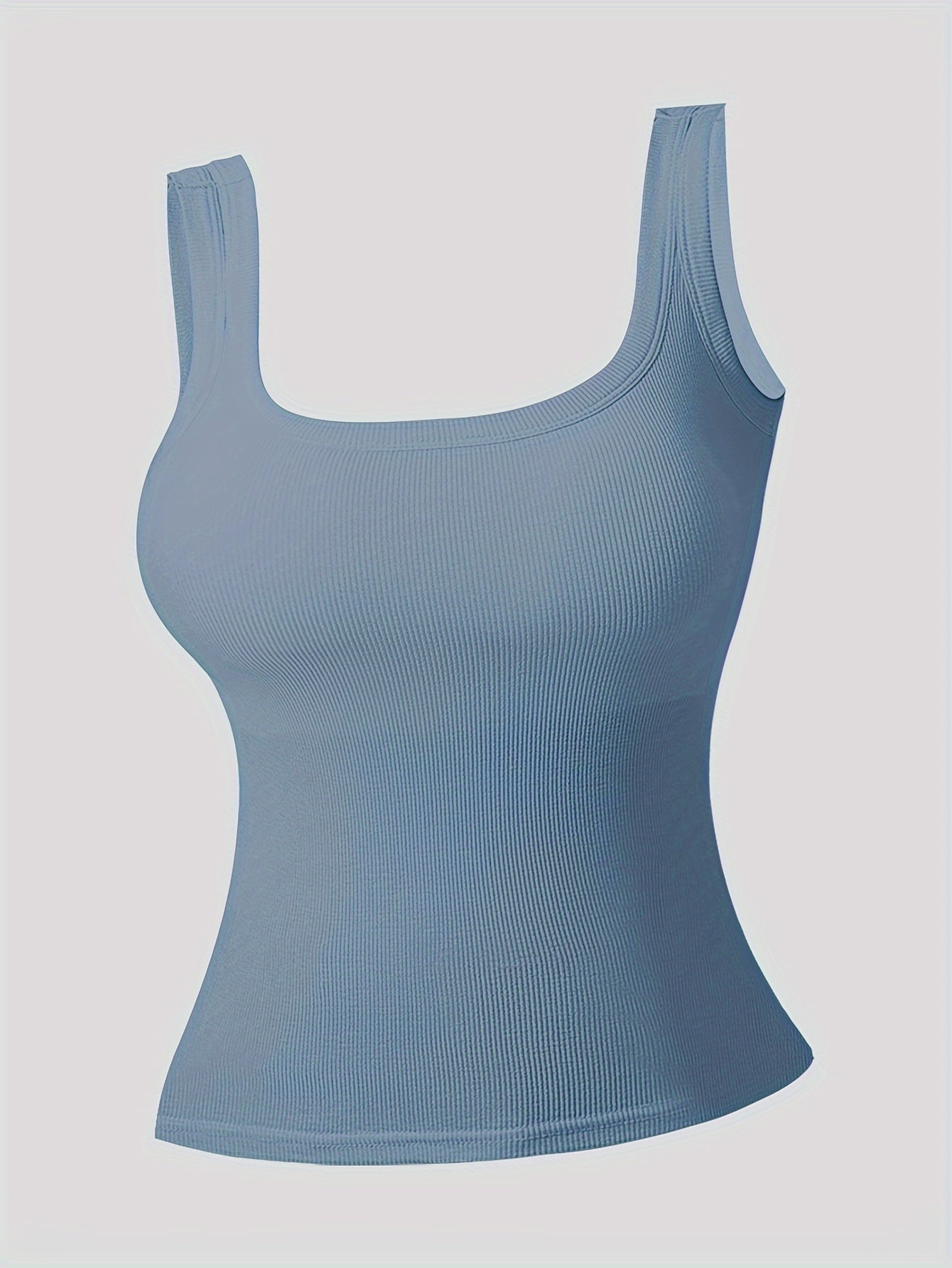 Simple Solid Square Neck Tank Top, All-match Ribbed Vest Top With Removable Chest Pad, Women's Lingerie & Underwear