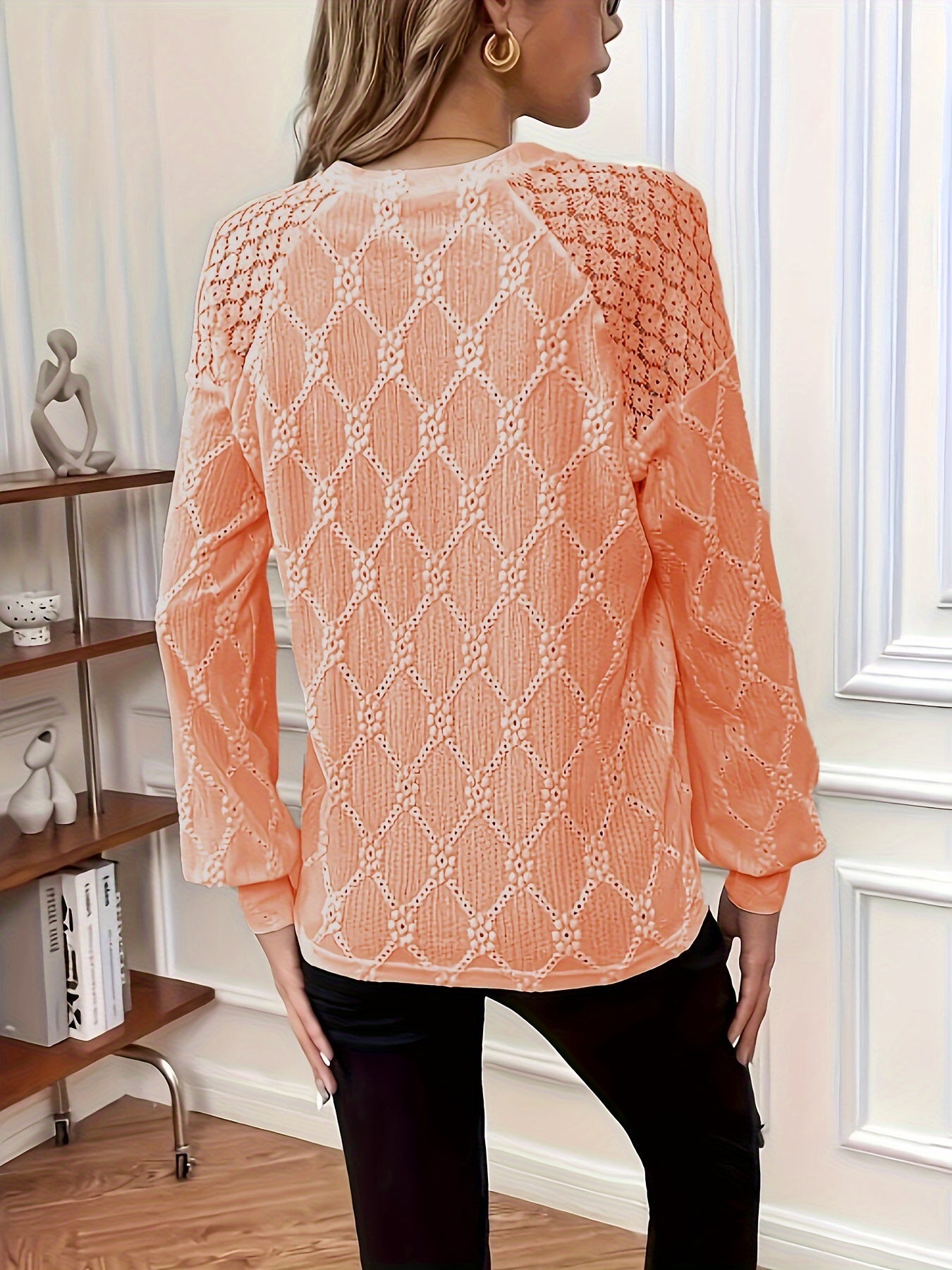Solid Lace Stitching Eyelet Top, Elegant Lantern Sleeve Crew Neck Top, Women's Clothing