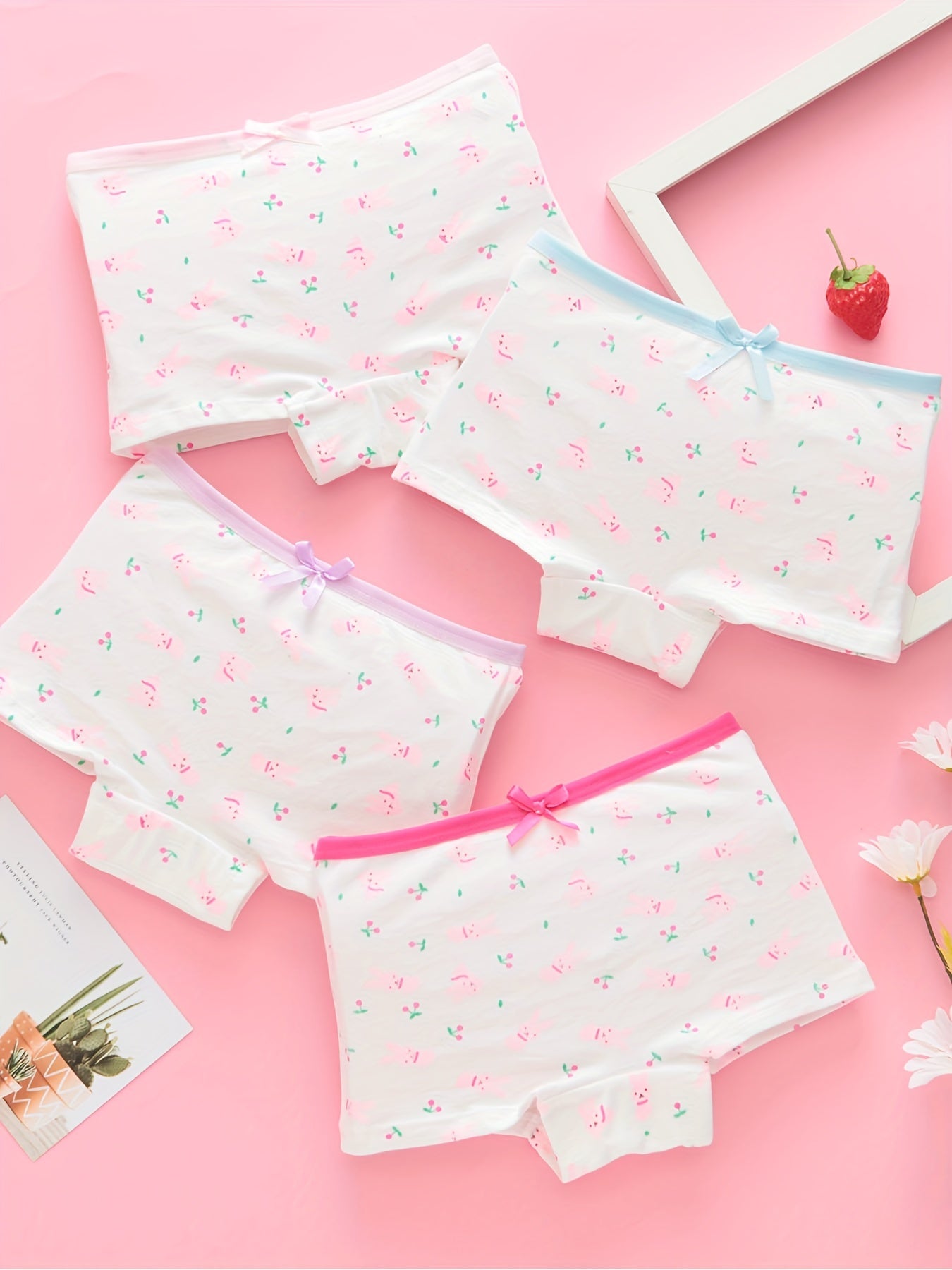 4-Pack Girls' Cute Bunny & Cat Print Boxer Briefs - Soft Stretchy Mid-Rise Underwear with Pastel Colors, All-Season Comfort, Regular Fit for Youngsters & Youngsters, Youngsters Underwear, Playful Youngsters' Apparel, Comfortable Youngsters' Wear
