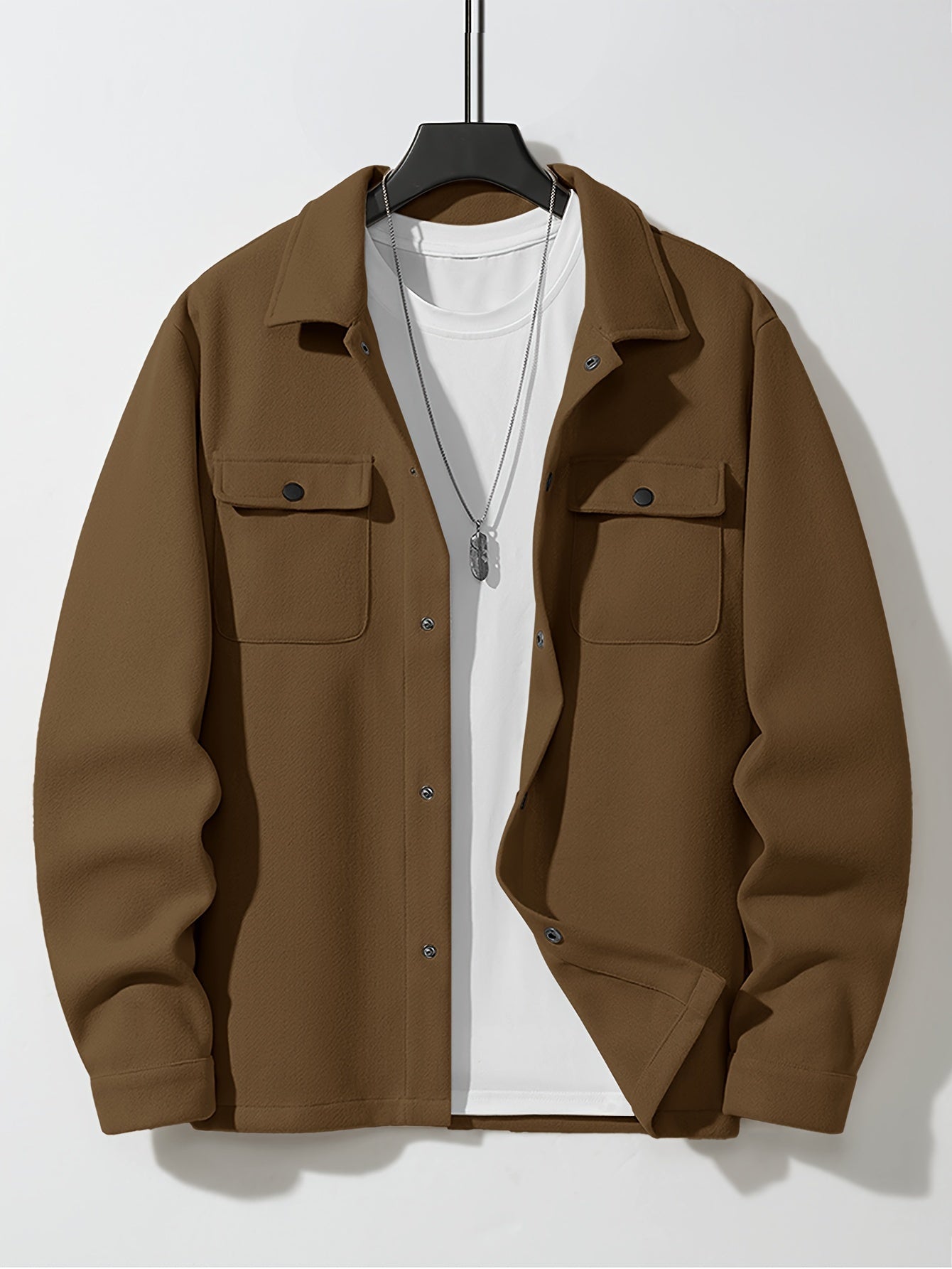 Men'S Solid Color Tweed Jacket, Mature Style, Snap Closure, Regular Fit, Polyester Lining, Woven Fabric, 485g/m², Fall/Winter Lapel Collar with Pockets