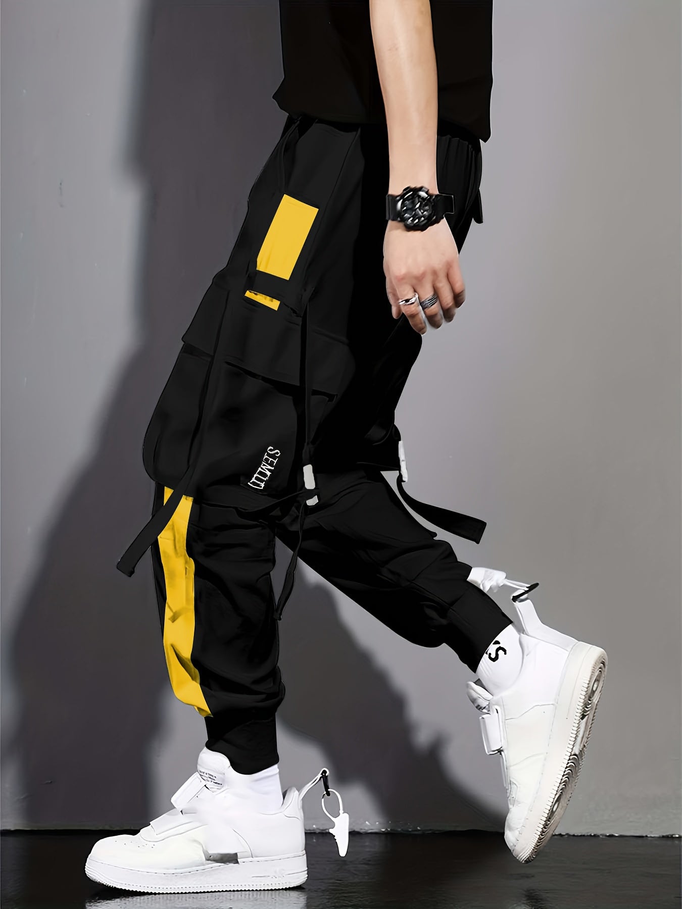 Multi-Pocket Ribbon Design, Summer Breathable Thin Color Block Overalls for Men, Fashionable And Comfortable Jogging Pants