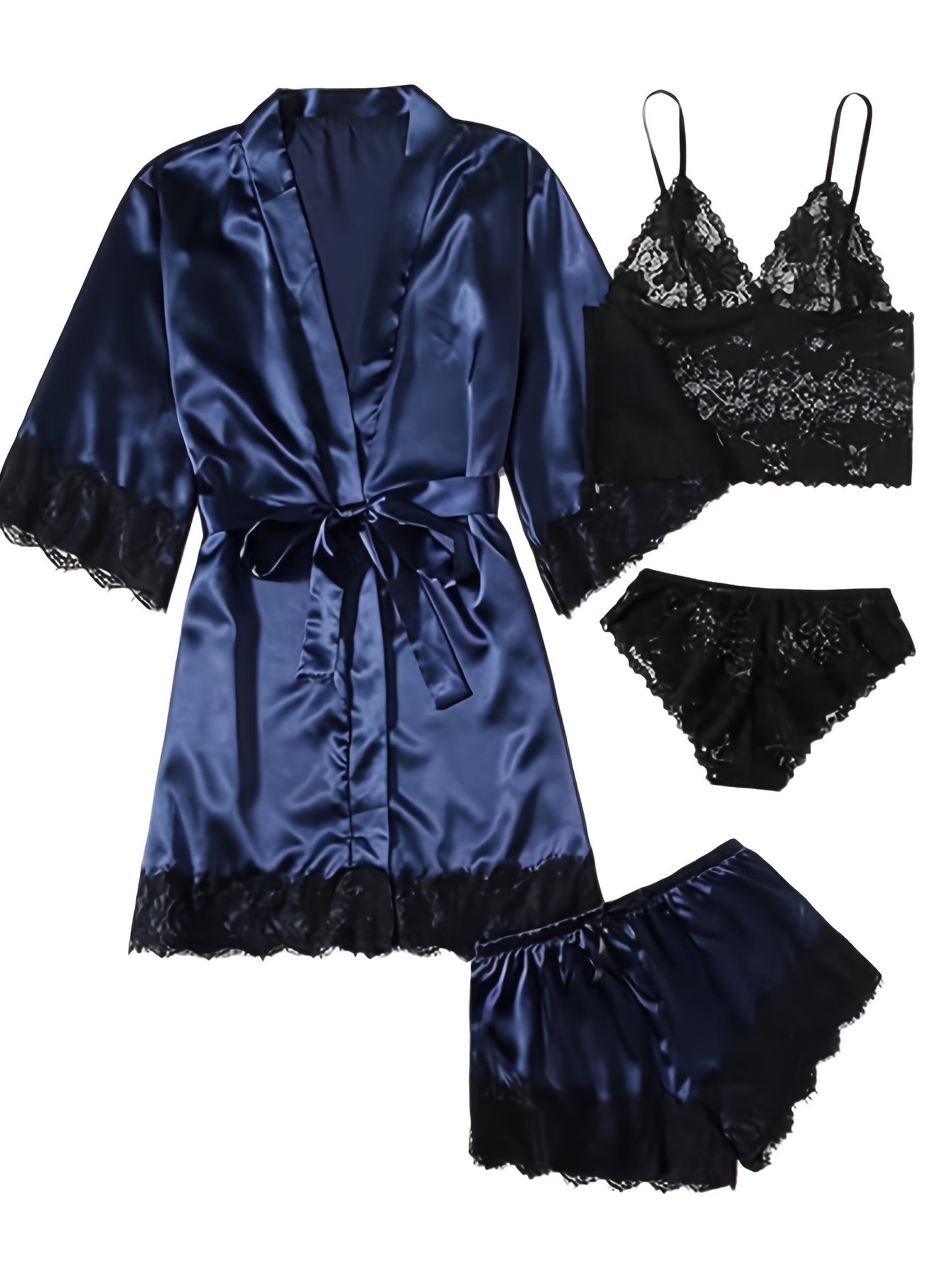 Elegant Satin Contrast Lace Lounge Set, Three Quarter Sleeve Robe With Belt & Cami Bra & Panty & Elastic Shorts, Women's Loungewear