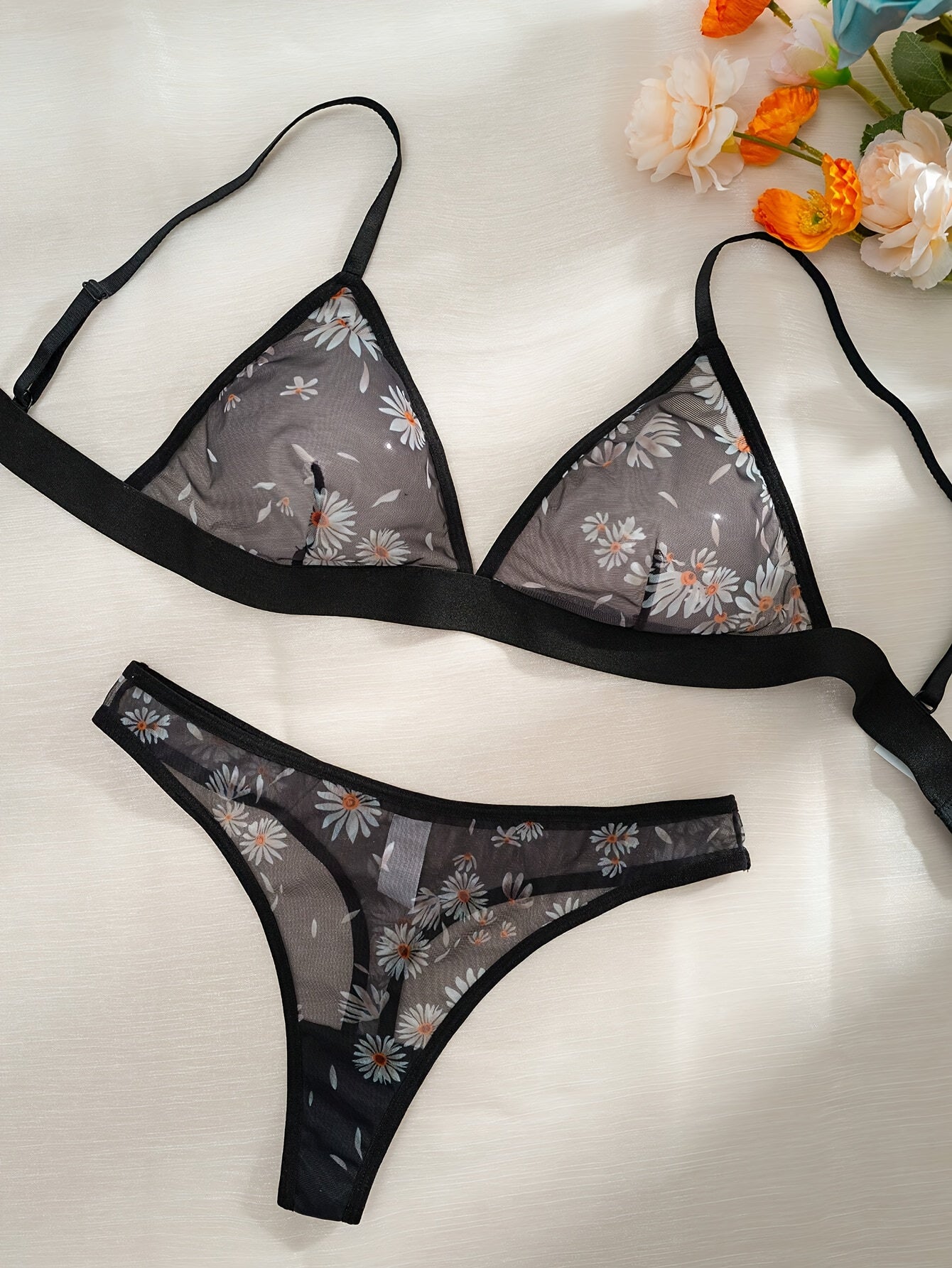2pcs Sheer Mesh Bikini Set with Floral Heart Print & Sheer Triangle Top - Women's Beachwear, Breathable Comfort Fit Matching Bottoms, Machine Washable Lingerie for Pool & Summer Outfits