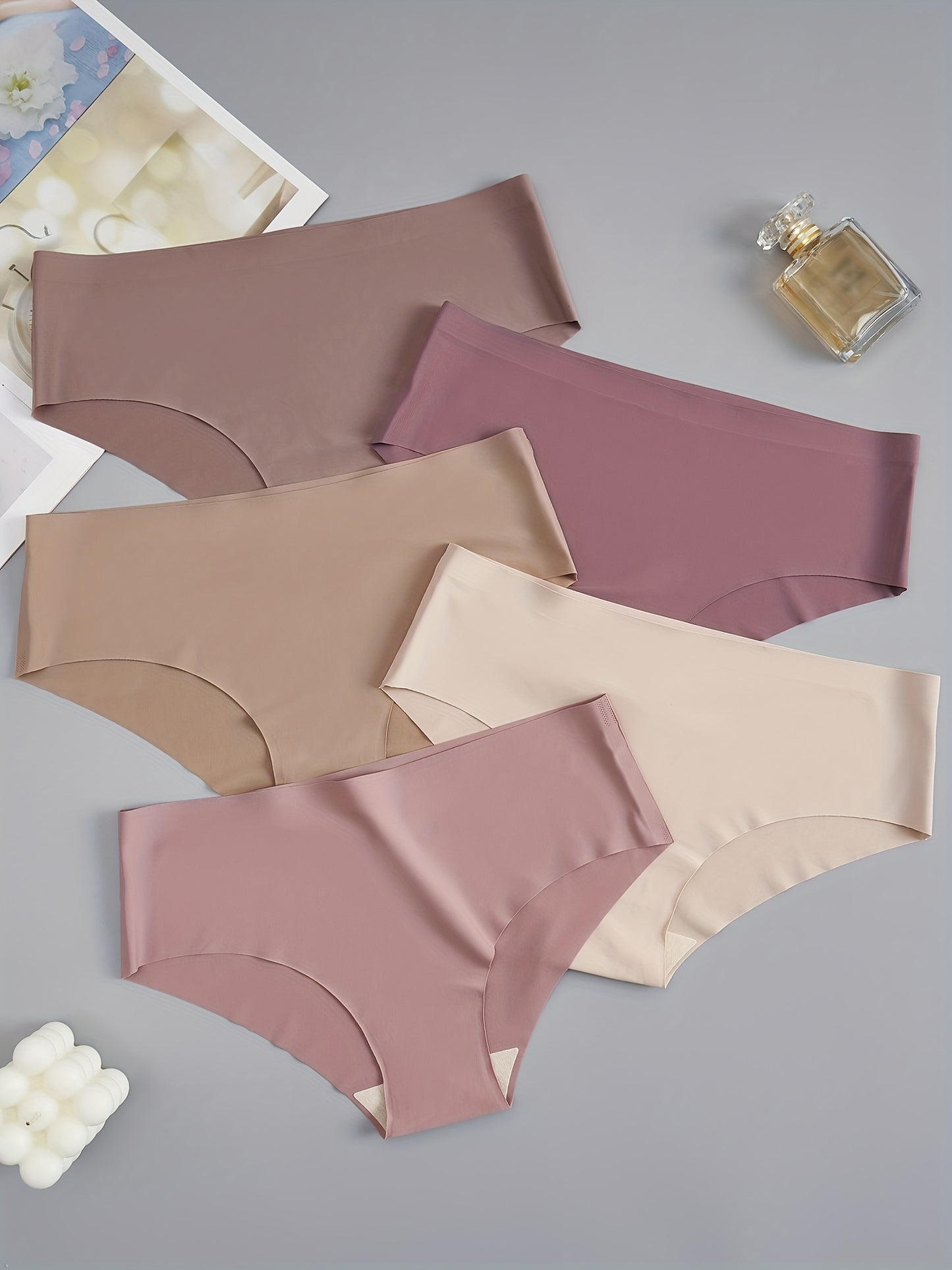 5pcs Seamless Women's Briefs - Soft, Comfortable Nylon Blend Underwear in Assorted Shades of Brown and Purple, Low-Rise, Stretch Fit, Non-See-Through, Comfortable Lingerie|Minimalist Style|Stretchy Nylon Blend