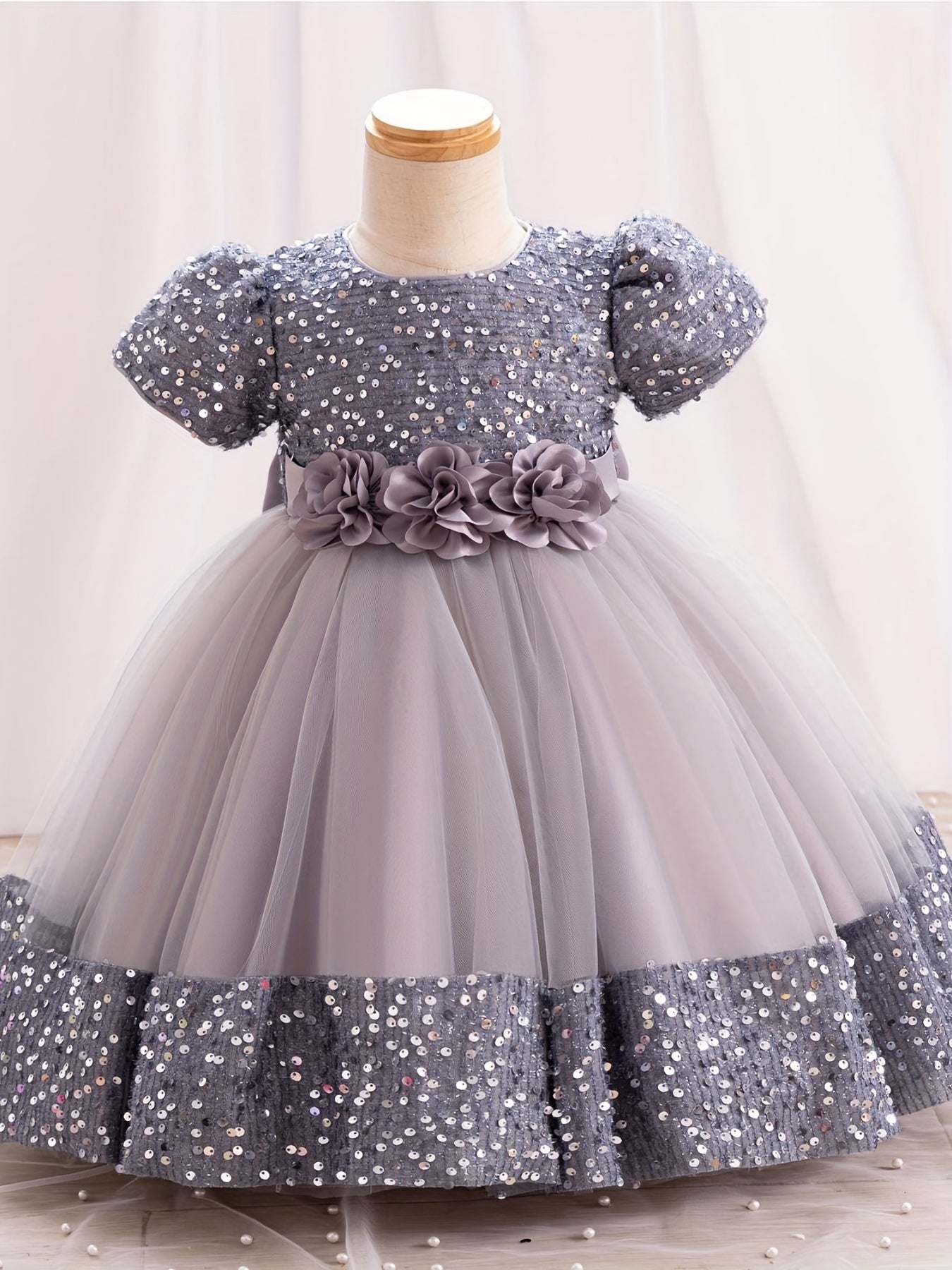 Gorgeous Sequin Flower Decor Puff Short Sleeve Tutu Dress Princess Dress Girls Kids Clothes Party Christmas