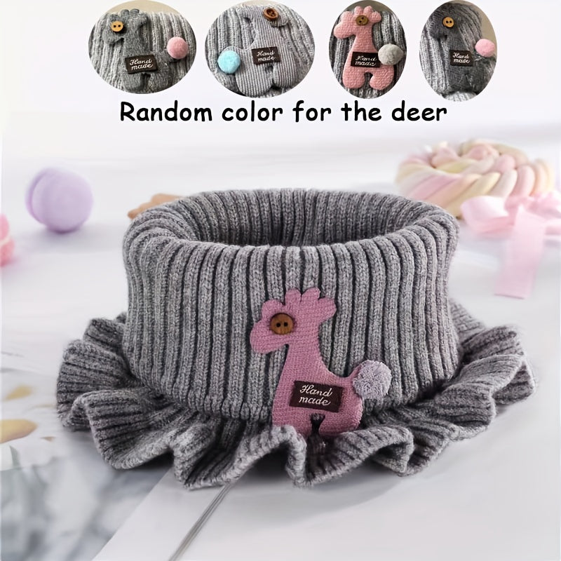 Youngsters' Winter Knitted Bibs - Windproof Warm Ruffled Collar with Cute Cartoon Animal Applique, Soft Multicolor Options for Boys & Girls, Hand Wash/Dry Clean, Mealtime Apparel