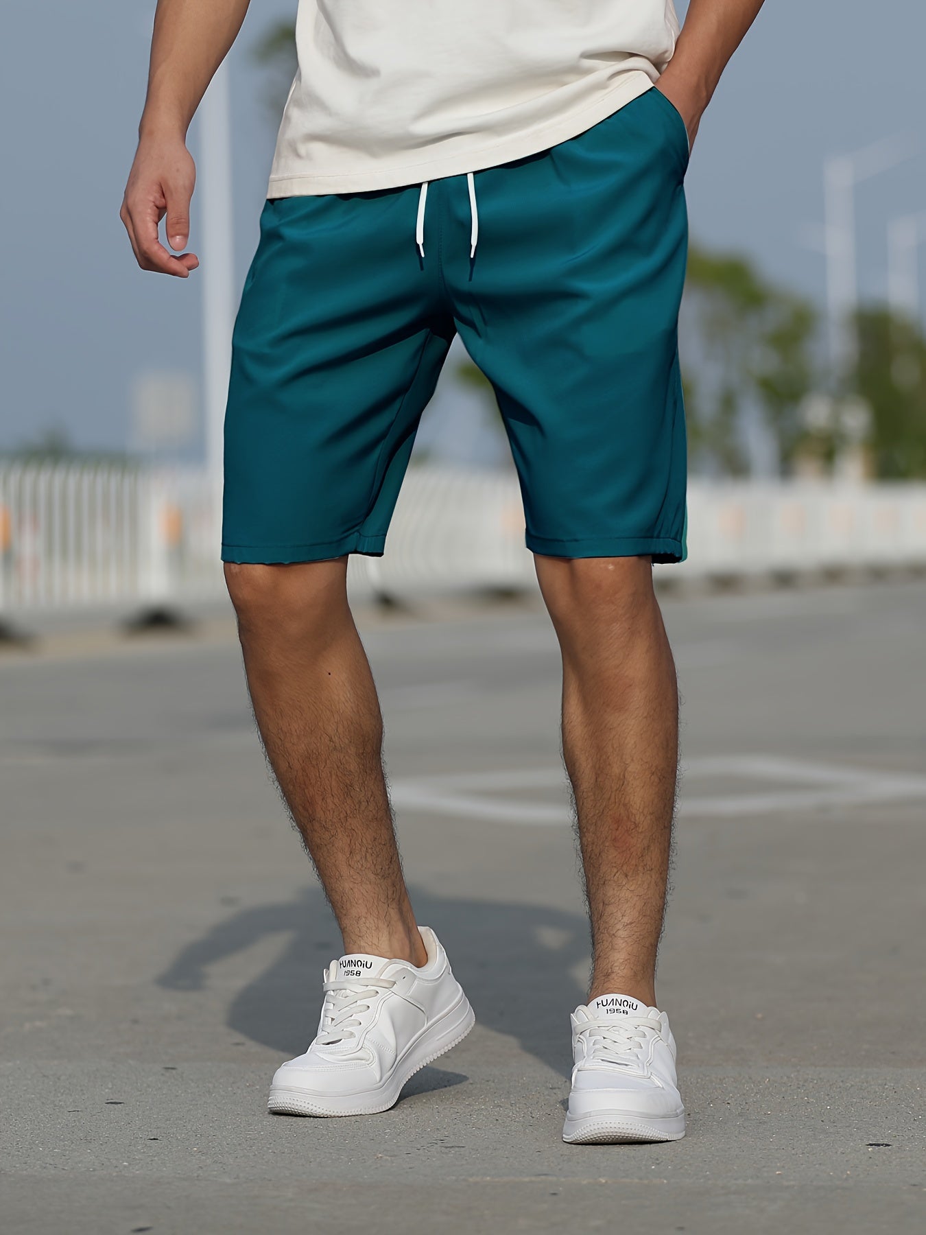 Casual Slightly Stretch Graphic Drawstring Shorts, Men's Clothes For Summer