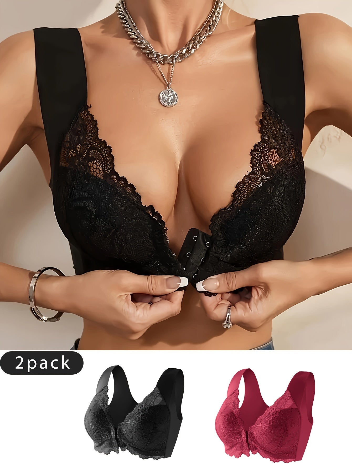 Women's Front Closure Bra Fashion Lace Underwear Two-Pack