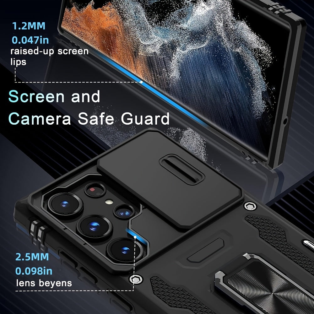 for Samsung S25 S24 S23 S22 S21 S20 Ultra A 42 A22 A 12 A32 A33 A51 A52 A72 A71 A73 A53 A14 A 13 A34 A54 A23 Case with Slide Camera Cover Built-in Rotated Ring Kickstand [Full Camera Protection] Protective Case