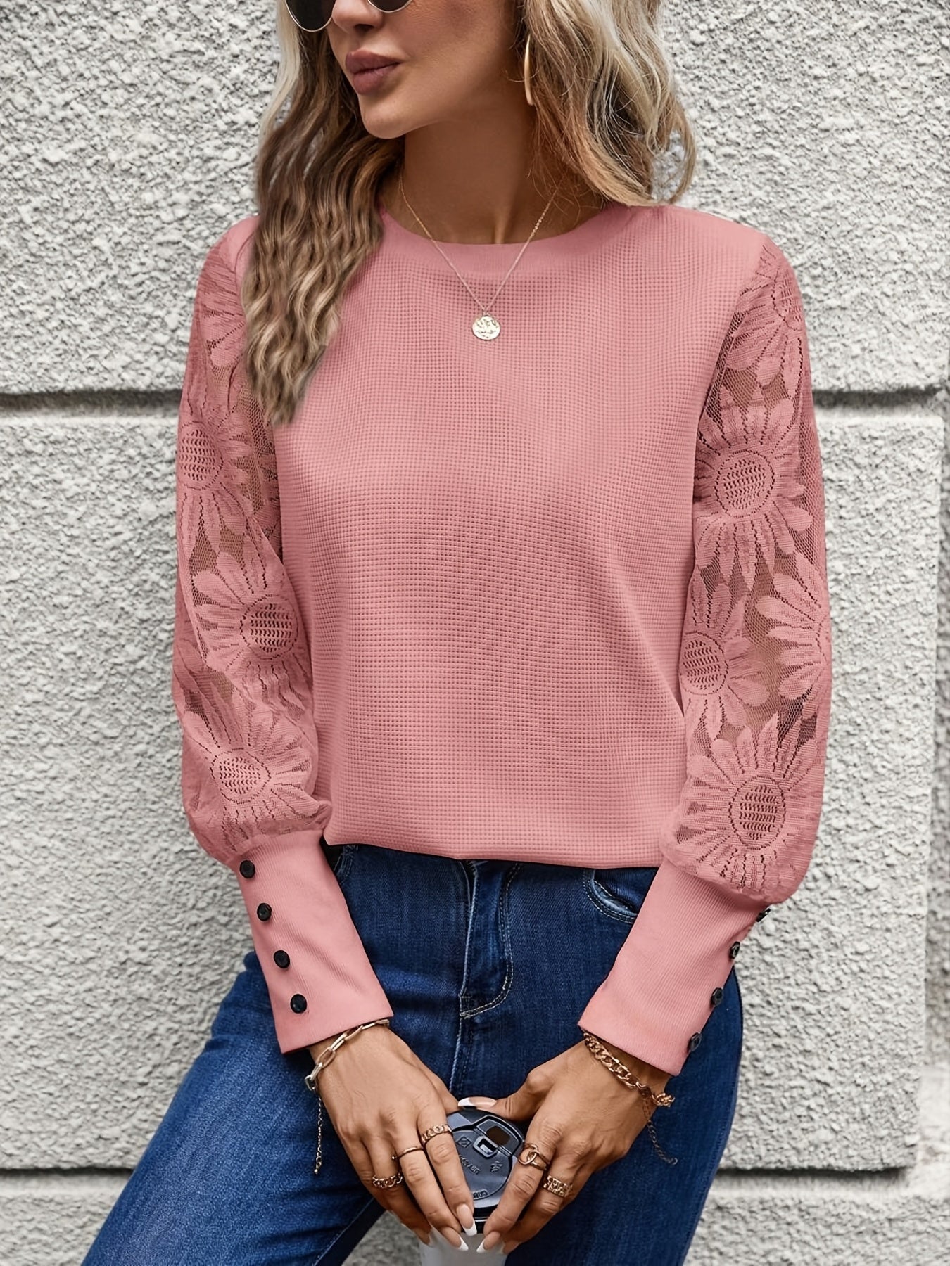 Contrast Lace Splicing Crew Neck T-shirt, Elegant Long Sleeve Top For Spring & Fall, Women's Clothing
