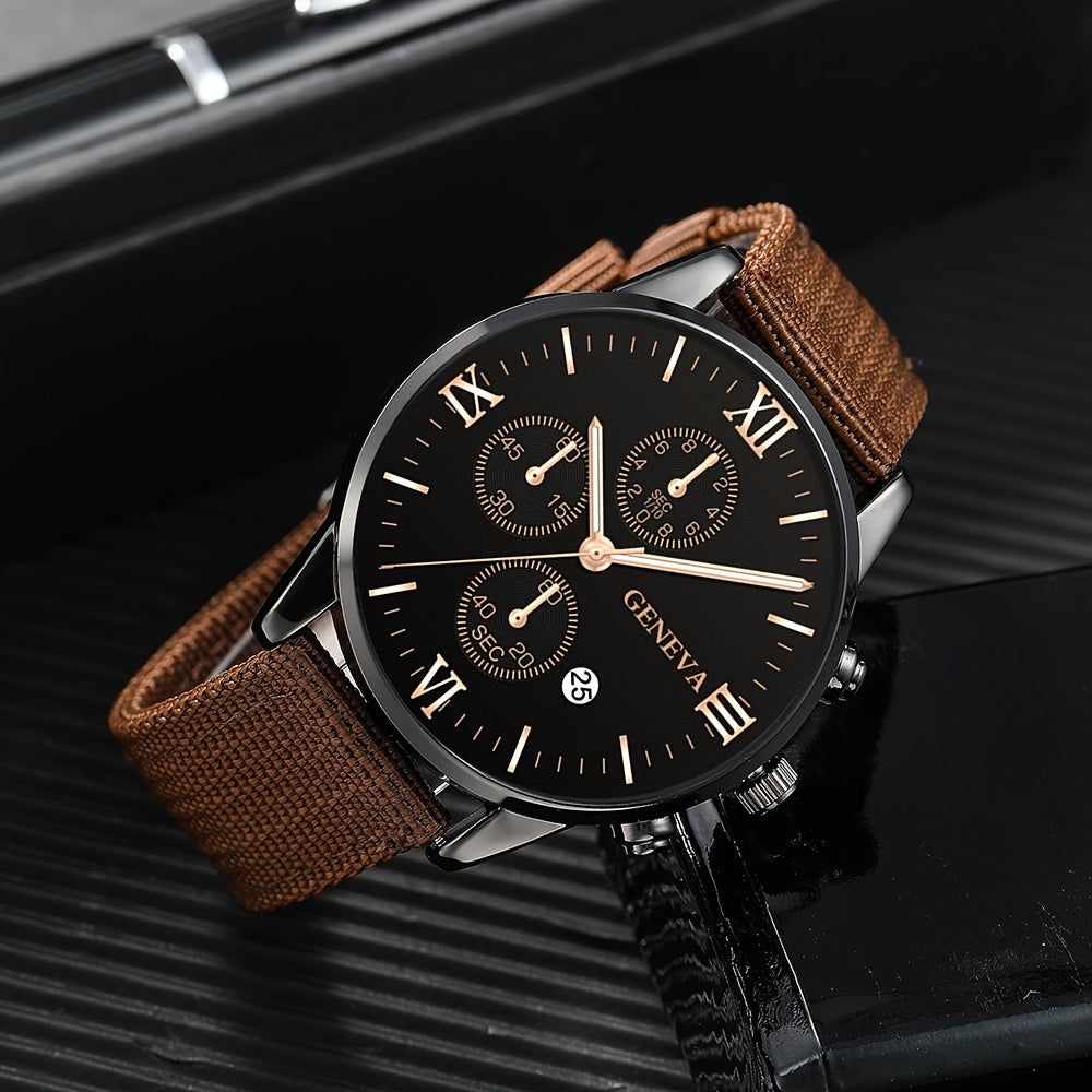 Middle East, Ramadan Men Watch 1pcs Men's Black Nylon Strap Casual Industrial Style Round Dial Calendar Pointer Quartz Watch And 3pcs Bracelets Watch for Men Suitable for Men Party Birthday Wear As Brother The Best Gift for A for Man No Box