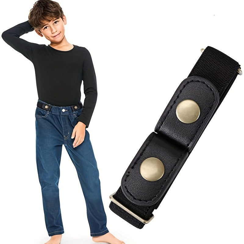 Adjustable No-Buckle Youngsters Belt – Stretchy Elastic Design for Boys & Girls, Comfortable Invisible Belt for School, Sports & Potty Training, Black with Three Metal Buttons, Adjustable Up to 24”