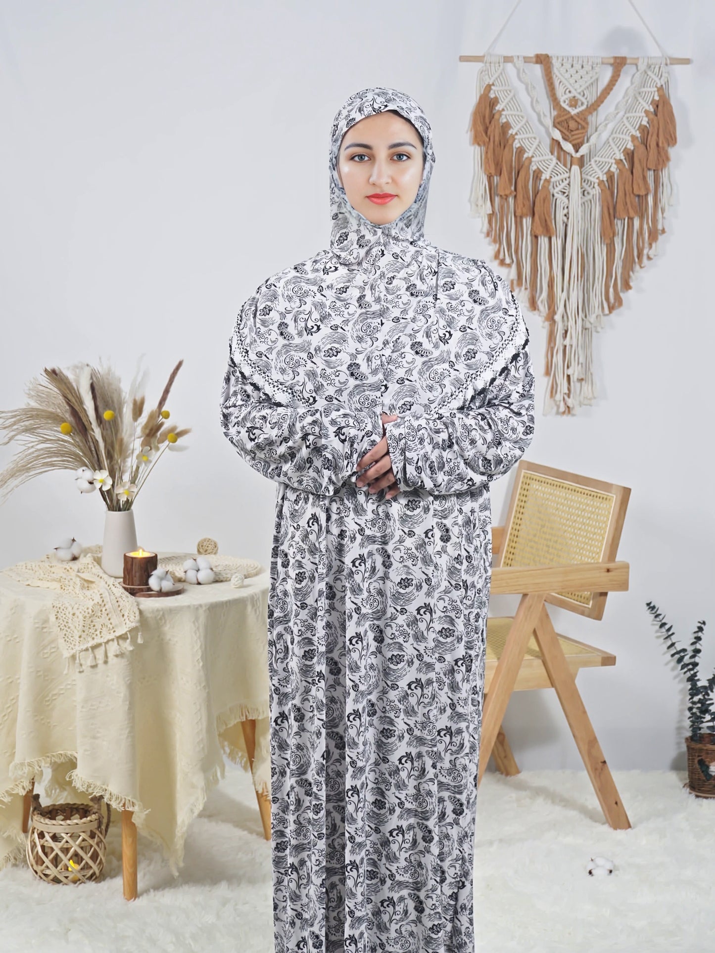 Floral Print Long Robe for Women, Comfortable Loose-Fit Prayer Dress, Ramadan Special, Polyester with Elastane, Machine Washable