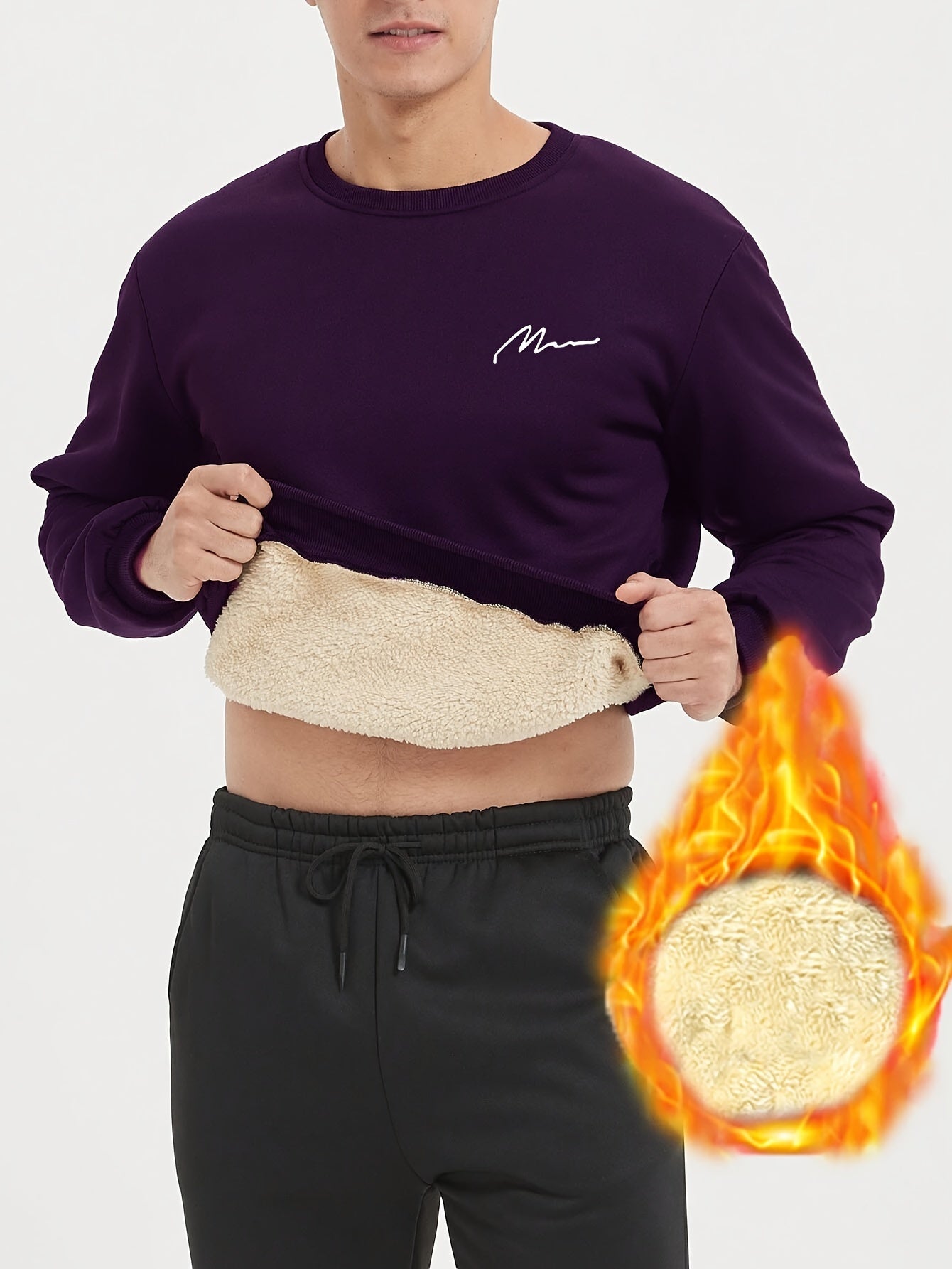 Men's Winter Warm Fleece-Lined Crew Neck Sweatshirt - Casual Black Long Sleeve with "MOM" Embroidery, Machine Washable, Cozy Polyester Fabric