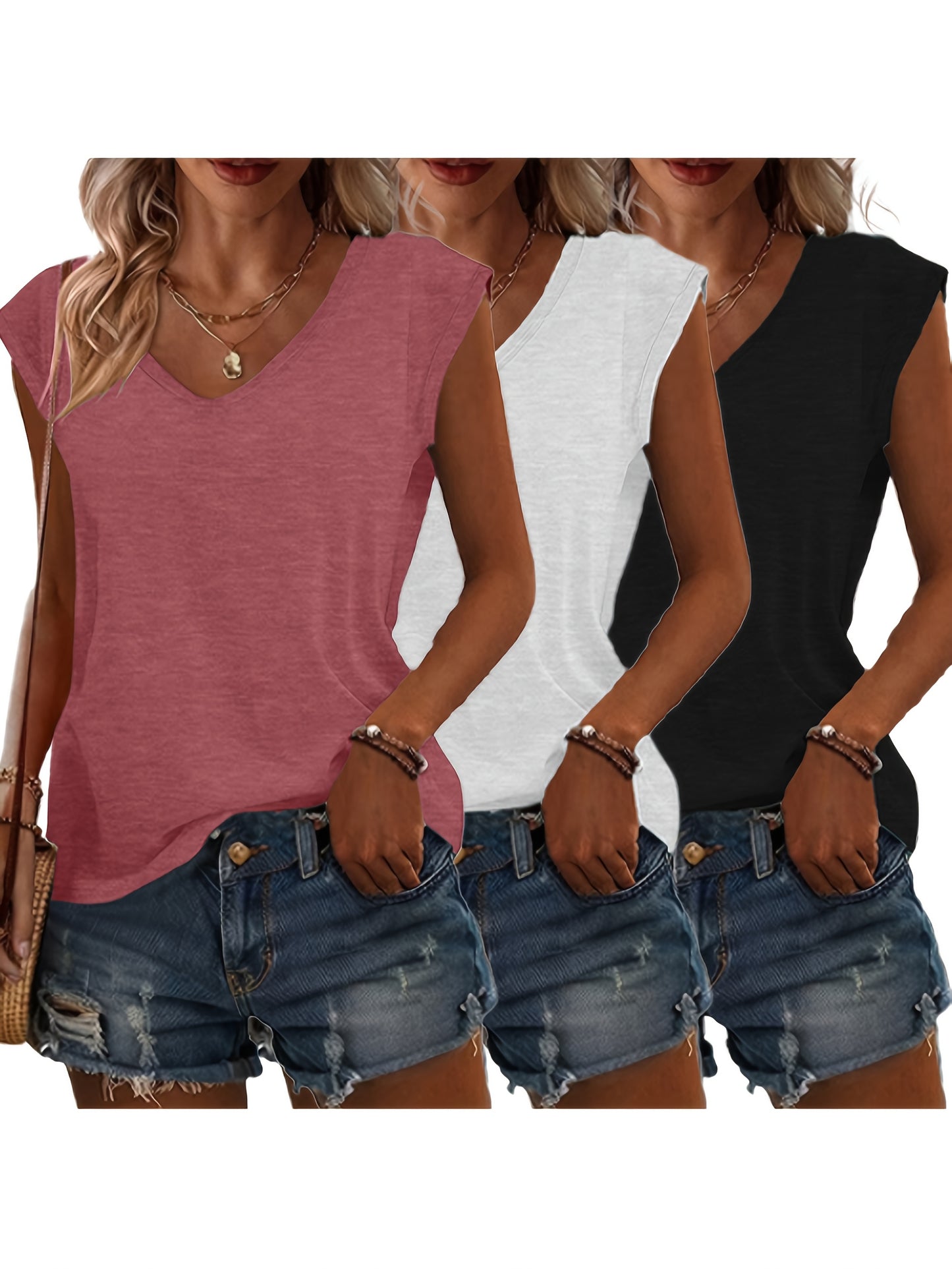 3pcs Spring/Summer New Solid Color No-Print V Neck Loose Casual Tops, Comfortable Fashion Machine Wash - Suitable for Daily and Home Use