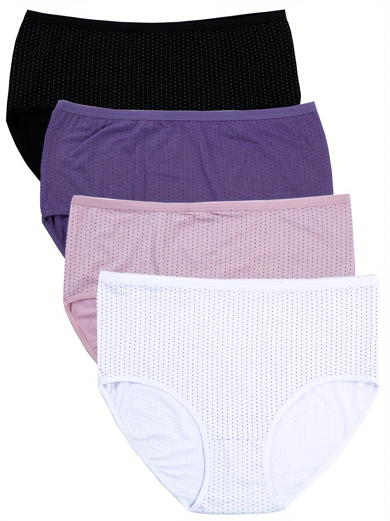4 Pack Plus Size Simple Underwear Set, Women's Plus Pin Print Medium Stretch Underwear Four Piece Set