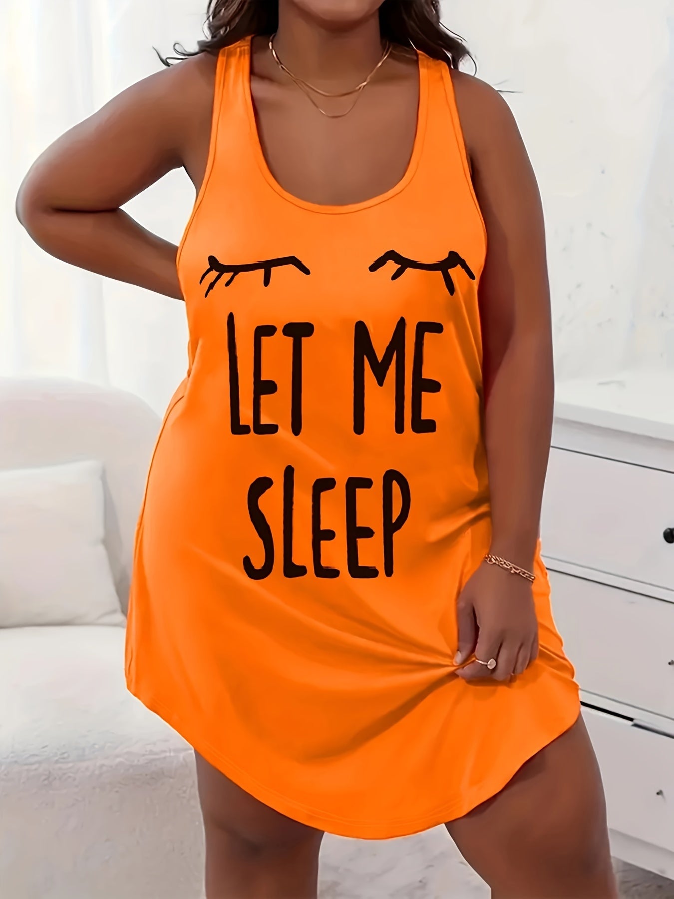 Women's Plus Casual Sleep Dress, Plus Size Eyelash & Letter Print Racer Back Tank Nightdress