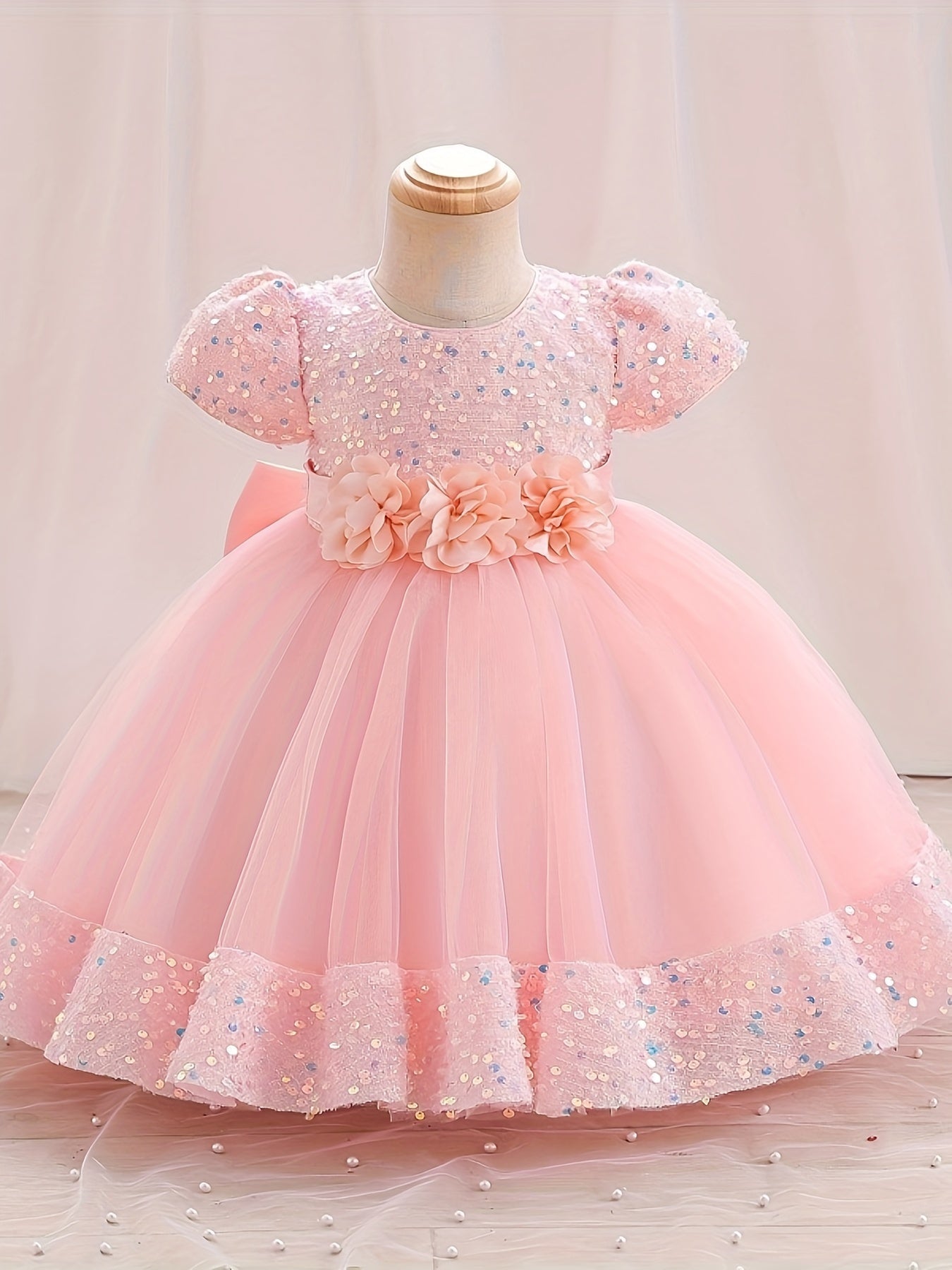 Gorgeous Sequin Flower Decor Puff Short Sleeve Tutu Dress Princess Dress Girls Kids Clothes Party Christmas