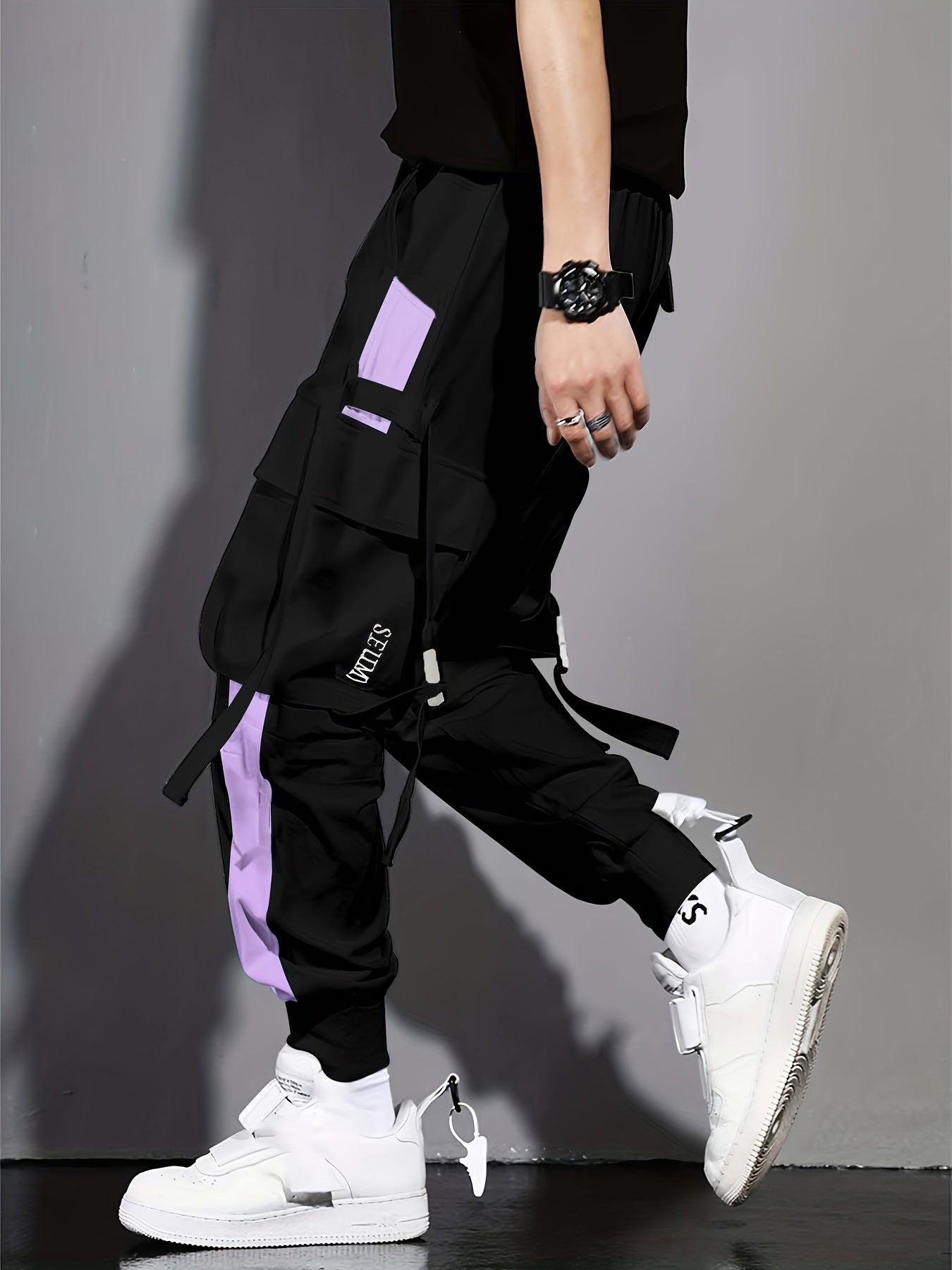 Multi-Pocket Ribbon Design, Summer Breathable Thin Color Block Overalls for Men, Fashionable And Comfortable Jogging Pants
