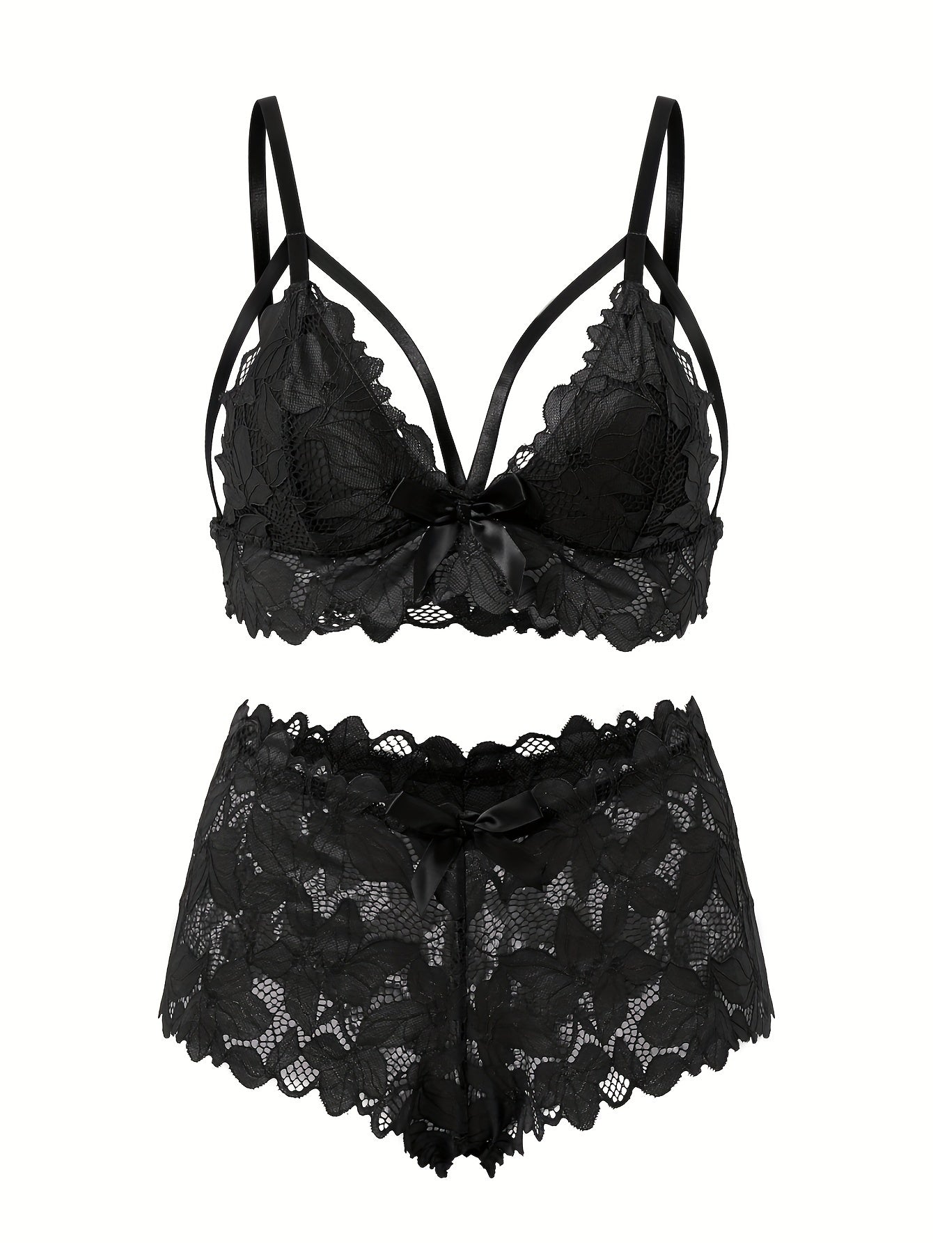 3pcs Women'S Lace Floral Lingerie Set - Sexy Lace Bra, Lace Panties & Garter Belt with Floral Pattern, High Stretch Fabric, Bow Detail, Adult Size, Lingerie Set|Floral Lingerie|Stretchy Material