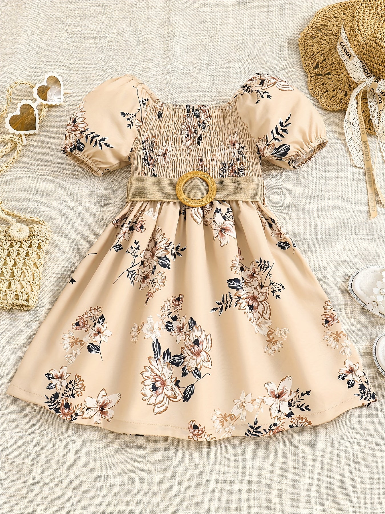 Summer Girls' Casual Floral Print Knee-Length Loose-Fit Dress with Ruffled Hem and Belt - Lightweight Woven Fabric, Short Sleeve, Perfect for Outdoor Play and Daily Wear, Summer Dresses for Girls, Playtime Fashion, Nontransparent Fabric