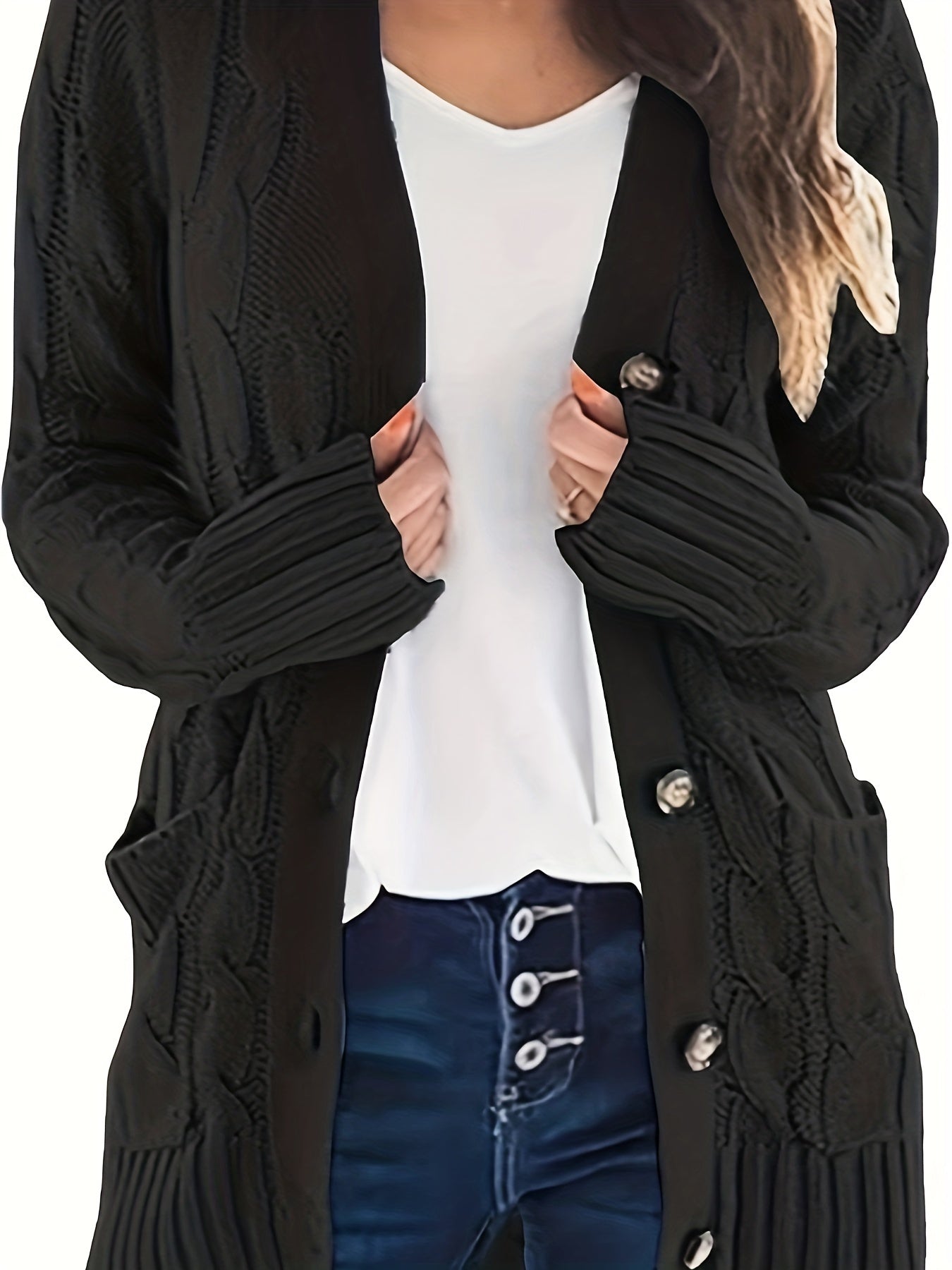Plus Size Casual Cardigan, Women's Plus Cable Knit Long Sleeve Button Up High Stretch Cardigan With Pockets