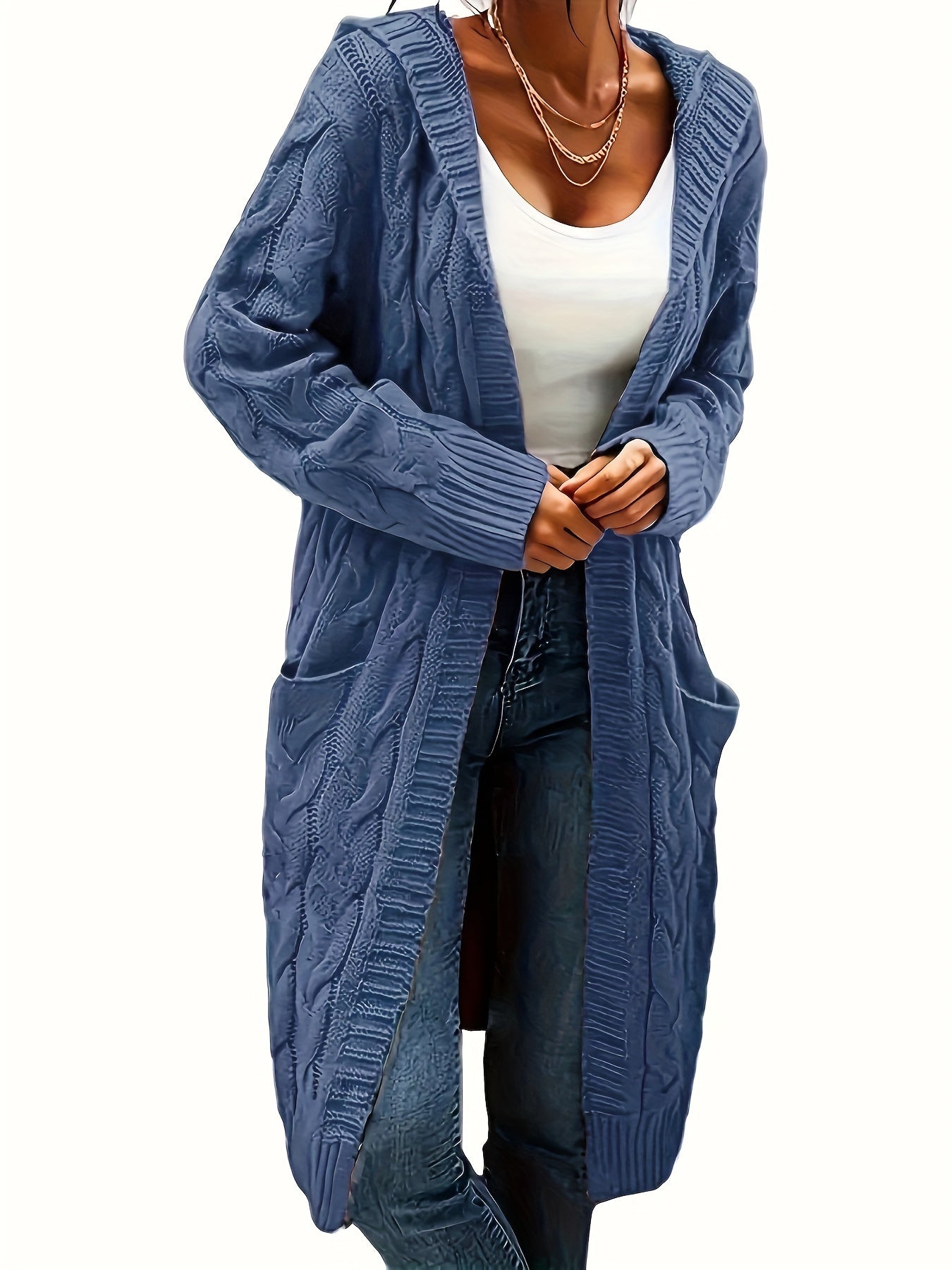 Women's Mid-Length Hooded Cardigan - Soft Stretchy Solid Color Long Sleeve Open Front Sweater with Pockets, Machine Washable Casual Elegance for Fall Winter, Everyday Comfort Wear, Stylish Hooded Design, Comfortable Fit