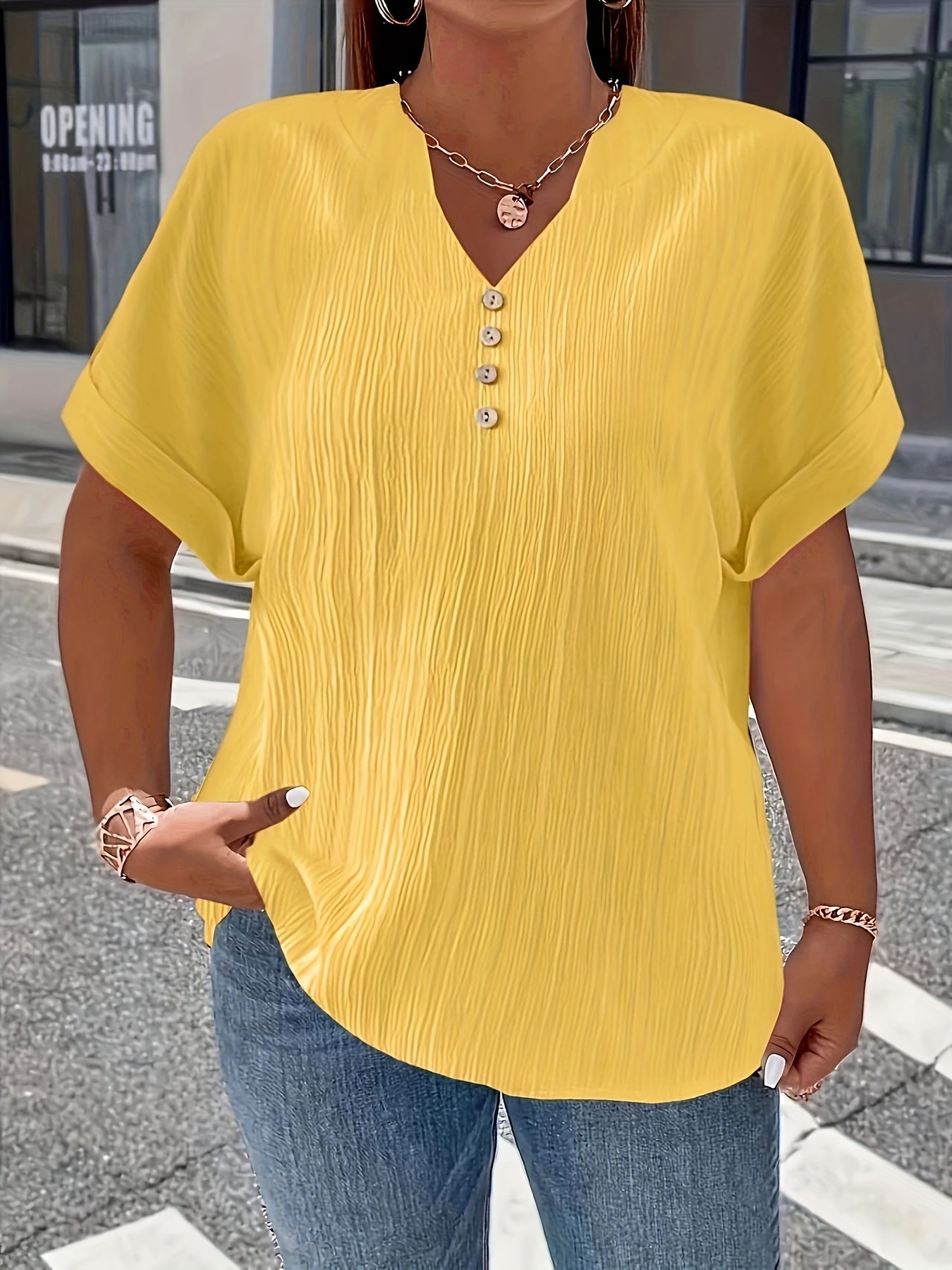 Plus Size, Women's Plus Size New European and American Spring/Summer Short Sleeve Button Solid Color Elegant Casual T-Shirt
