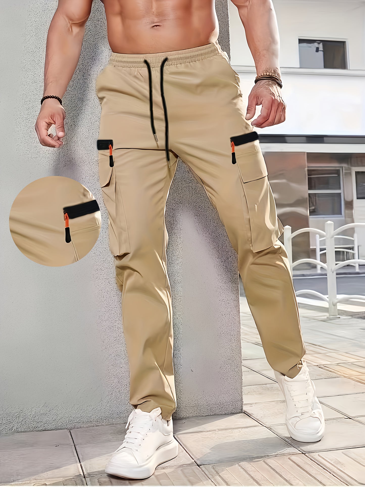1pc Men'S Casual Cargo Pants, 100% Polyester Solid Color, Elastic Waist, Non-Stretch, Multi-Pocket Design, Regular Length, Woven, Loose Fit for Spring/Fall - Fashionable Utility Trousers
