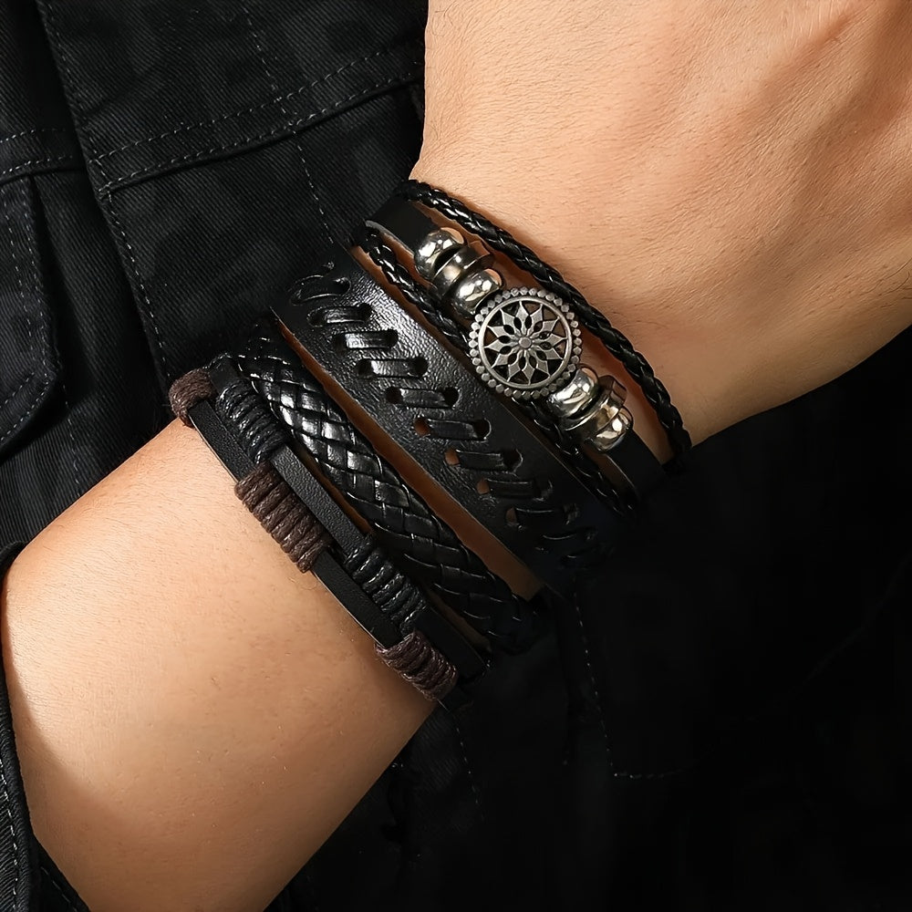 4pcs/Set Faux Leather Bracelet for Men, Punk Bracelets Set, PU Braided Wrap Wristband sun-flower Shaped Jewelry Accessories Adjustable Black, Father'S Day Gifts, High quality bracelet set