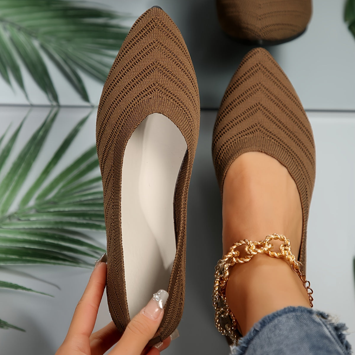 Women's Pointed Toe Flat Shoes, Solid Color Knitted Slip On Shoes, Casual Breathable Ballet Flats