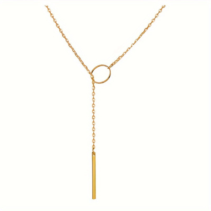 Ethnic & Minimalist Women's Necklace - Golden-Tone Alloy Circle & Rectangular Bar Pendant, Delicate Chain for Casual Attire, Holiday Gift, Versatile Year-Round Jewelry, Festive Accessory, Contemporary Ethnic Neckwear, Twisted Pendant Design, Casual Wear,