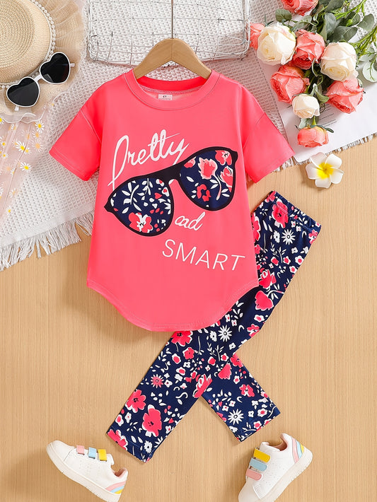 2pcs Girls' Clothing Party Slogan Large Glasses Print Pattern Drop Shoulder Irregular Hem Design Loose Short Sleeve T-Shirt + Floral Print Skinny Nine-Tenths Bottoms Set Girls' Summer Outfit Holiday Gift Girls' Fashion Casual Kids Suitable for Outdoors, P