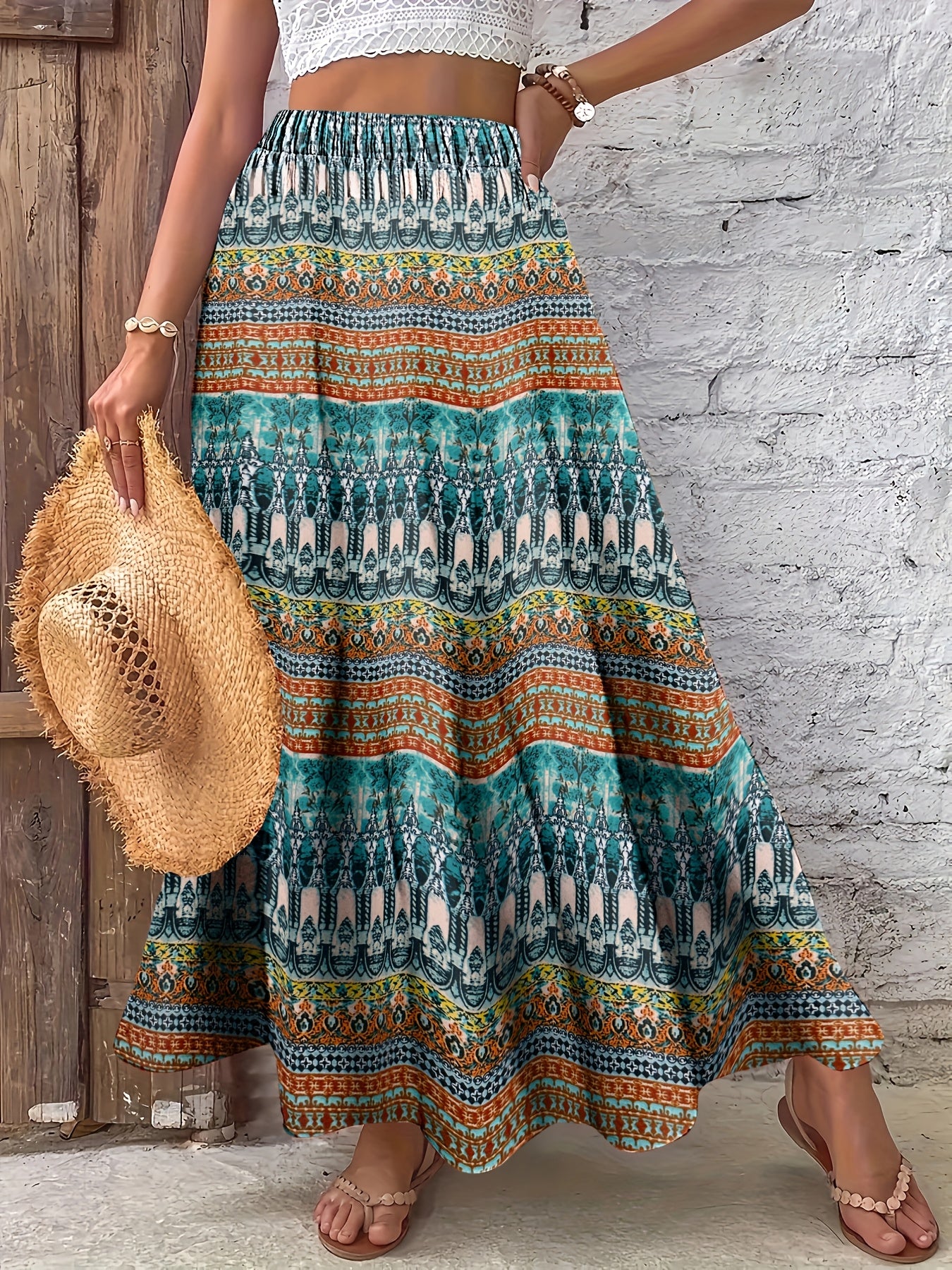 Women's Bohemian Tropical Print High-Waisted Maxi Skirt - Tiered Ruffled Hem Beach Skirt with Digital Geometric Patterns, Machine Washable Non-Stretch Fabric for Summer Casual & Beachwear, Beach Dresses, Summer Fashion, Nontransparent Fabric