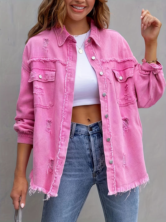 Women'S Plus Size Boho-Chic Denim Jacket with Distressed Details - Light Blue Oversized Button-Up Outerwear, Long Sleeves, Frayed Hem, Casual Style for All Seasons, Casual Outerwear | Frayed Hem Jacket | Frayed Hem Jacket