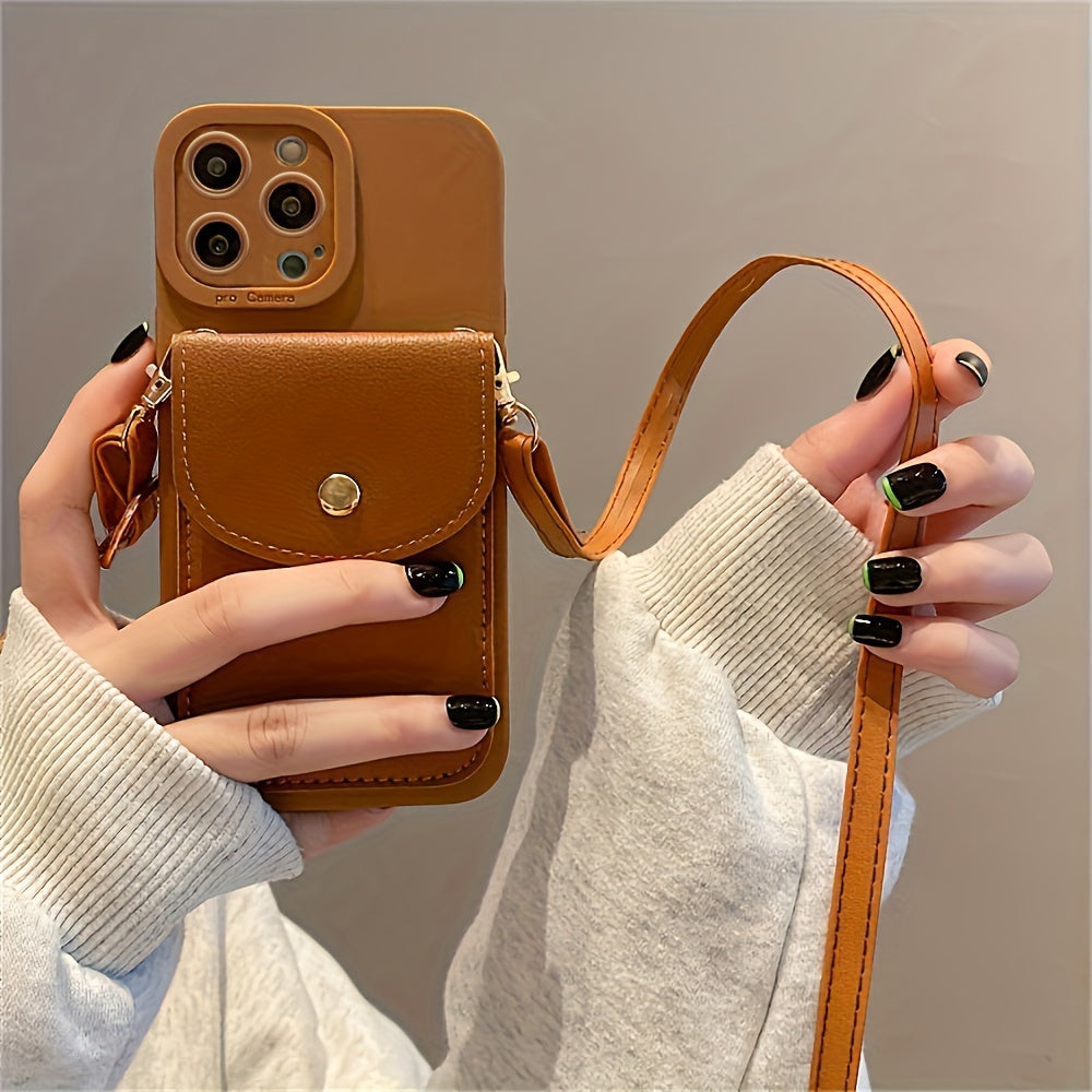 A Solid Color Wallet Made of Faux Leather, Featuring a Crossbody Neck Strap And Designed to Hold Phones Like The for iphone 16, 14 Pro Max, 13, 11, 12, X, XR, XS, 7, 8, 16 Plus, And SE3, Along with a Card Holder.