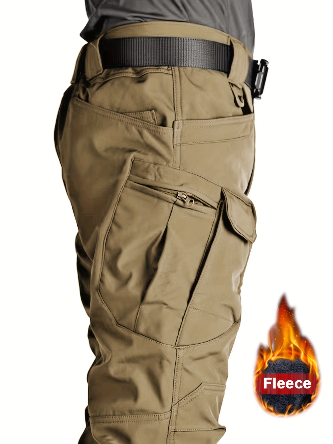 Men's Fleece-Lined Tactical Pants - Warm, Durable Polyester-Spandex Blend, Casual Style with Multiple Pockets & Adjustable Waistband for Winter Outdoor Activities