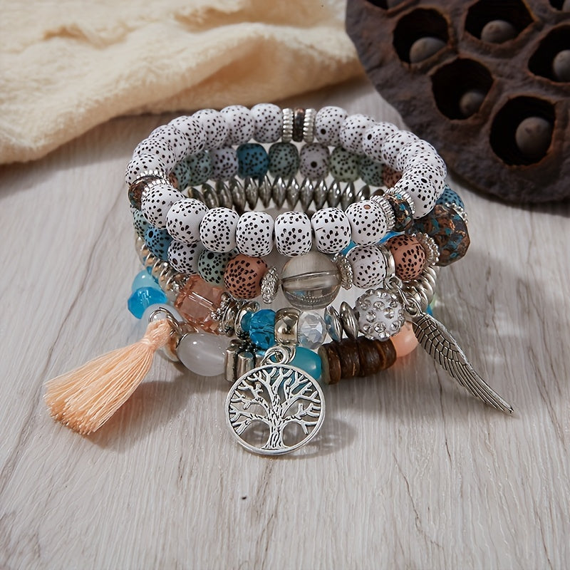 4pcs Bohemian Tree of Life & Feather Wing Pendant Bracelets - Handmade Acrylic Couples' Bangle with Tassels, Boho Style Jewelry for Men & Women, Romantic Gift Idea, Bohemian Jewelry, Handcrafted Bracelets